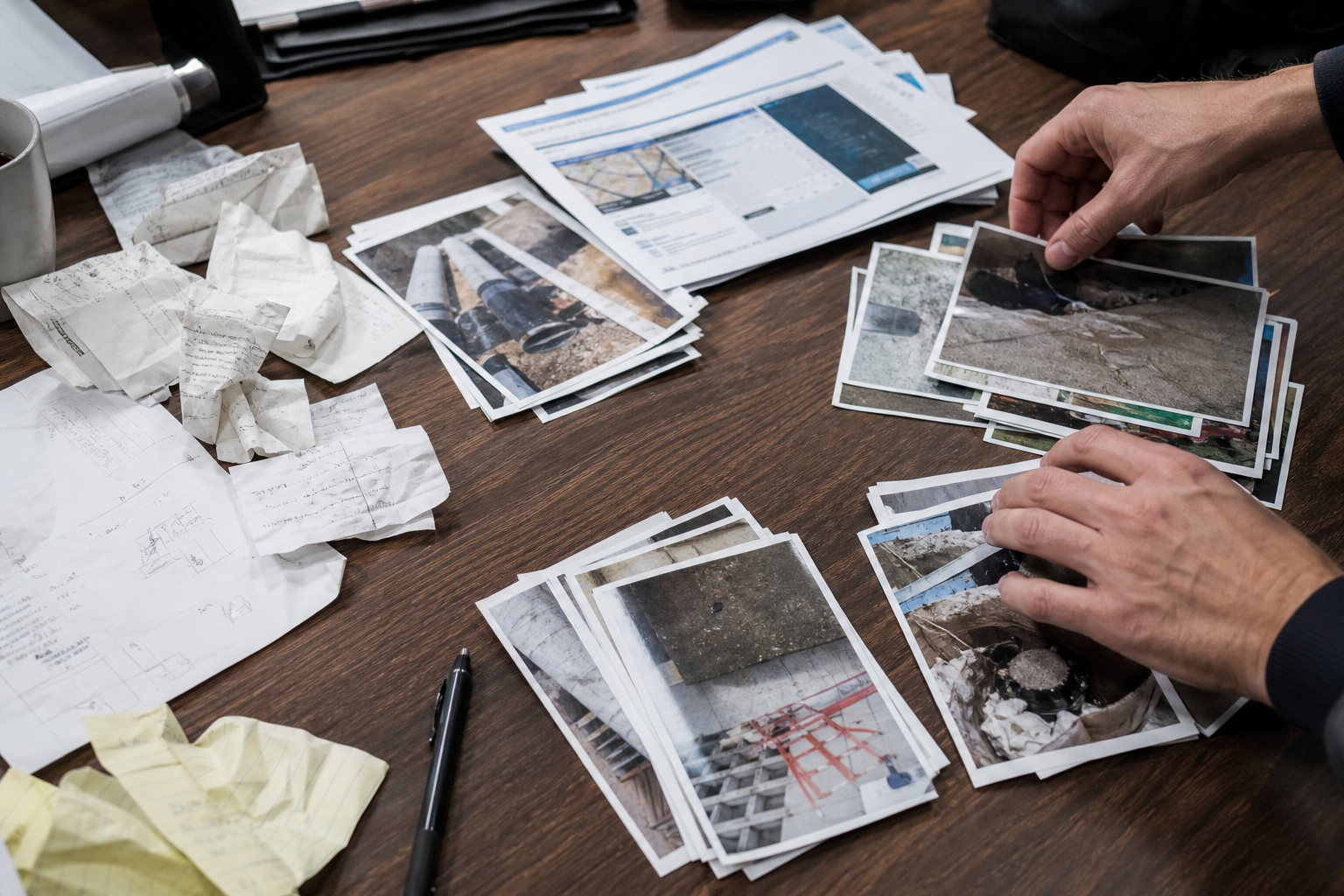 Unorganized field evidence photos, receipts, and screenshots before being turned into a PDF report