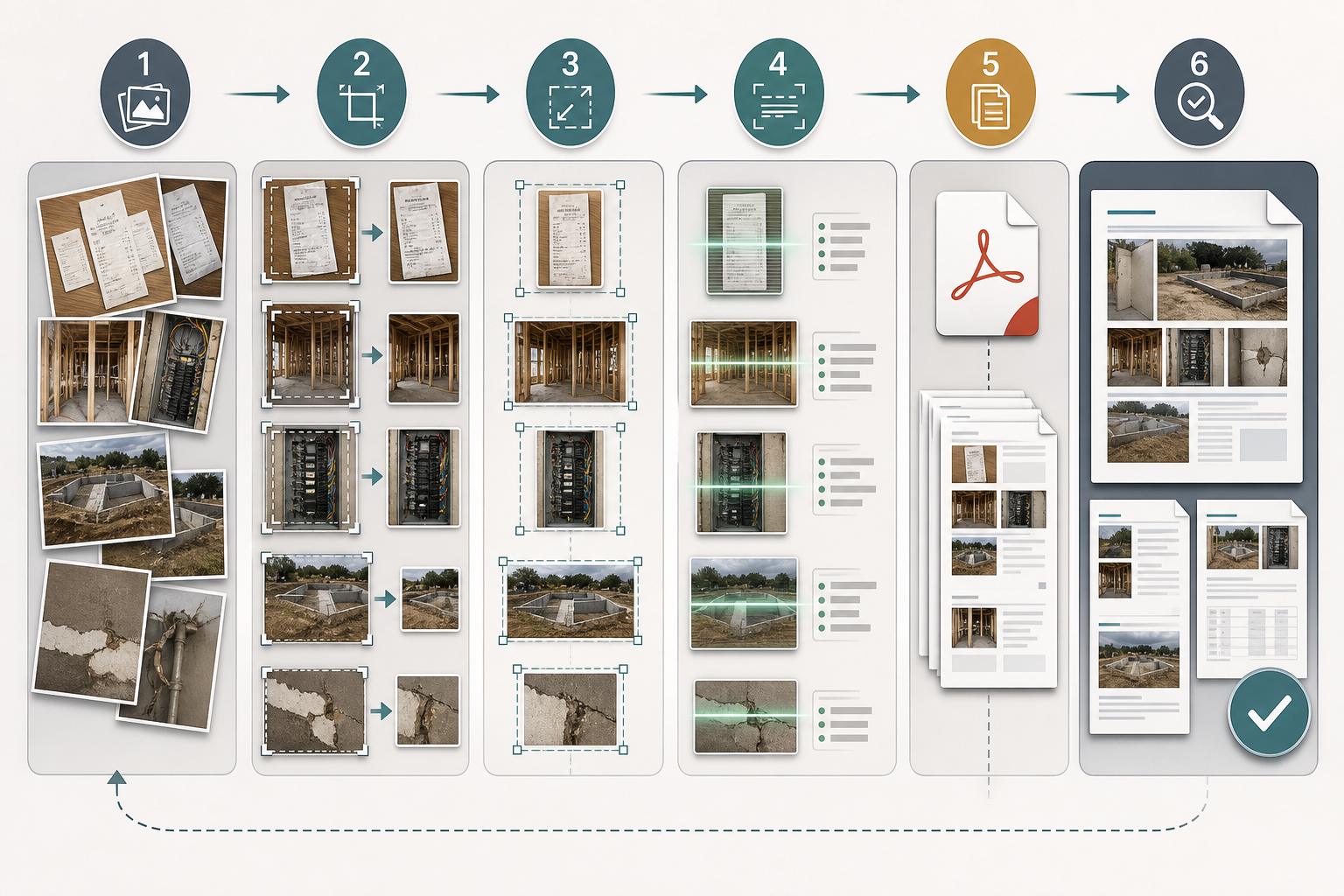 Step-by-step visual workflow for preparing images and combining them into one PDF report