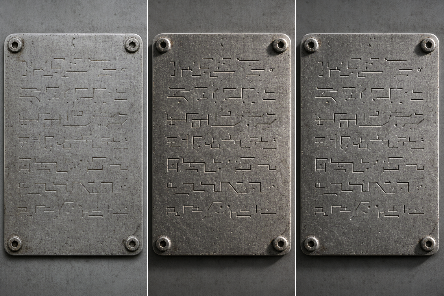 Comparison of lighting angles on an engraved industrial equipment plate