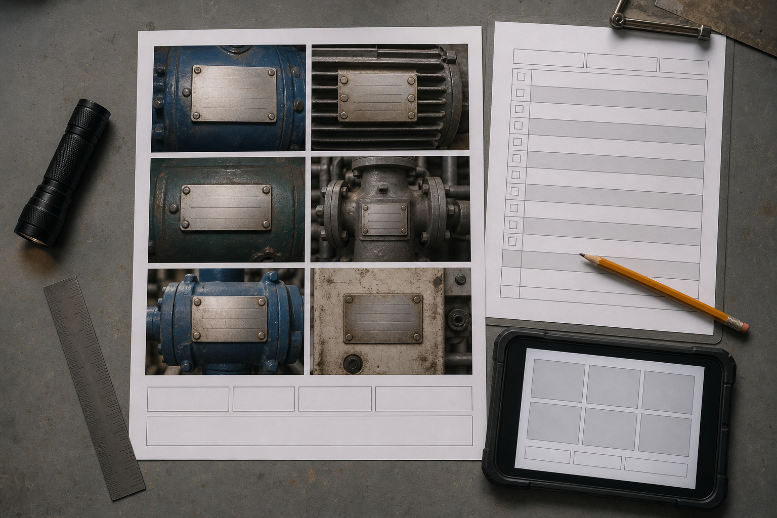 Organized equipment nameplate proof sheet beside an asset register checklist