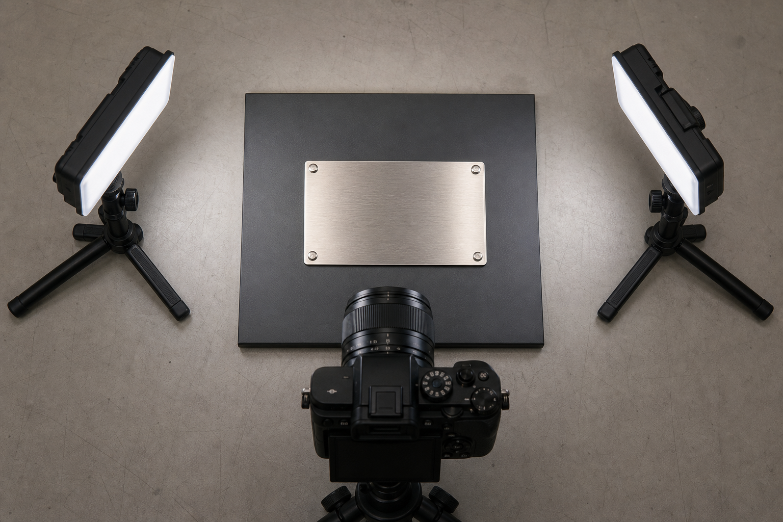 Diagram-like photograph showing a camera and two diffused lights positioned around a reflective machinery nameplate