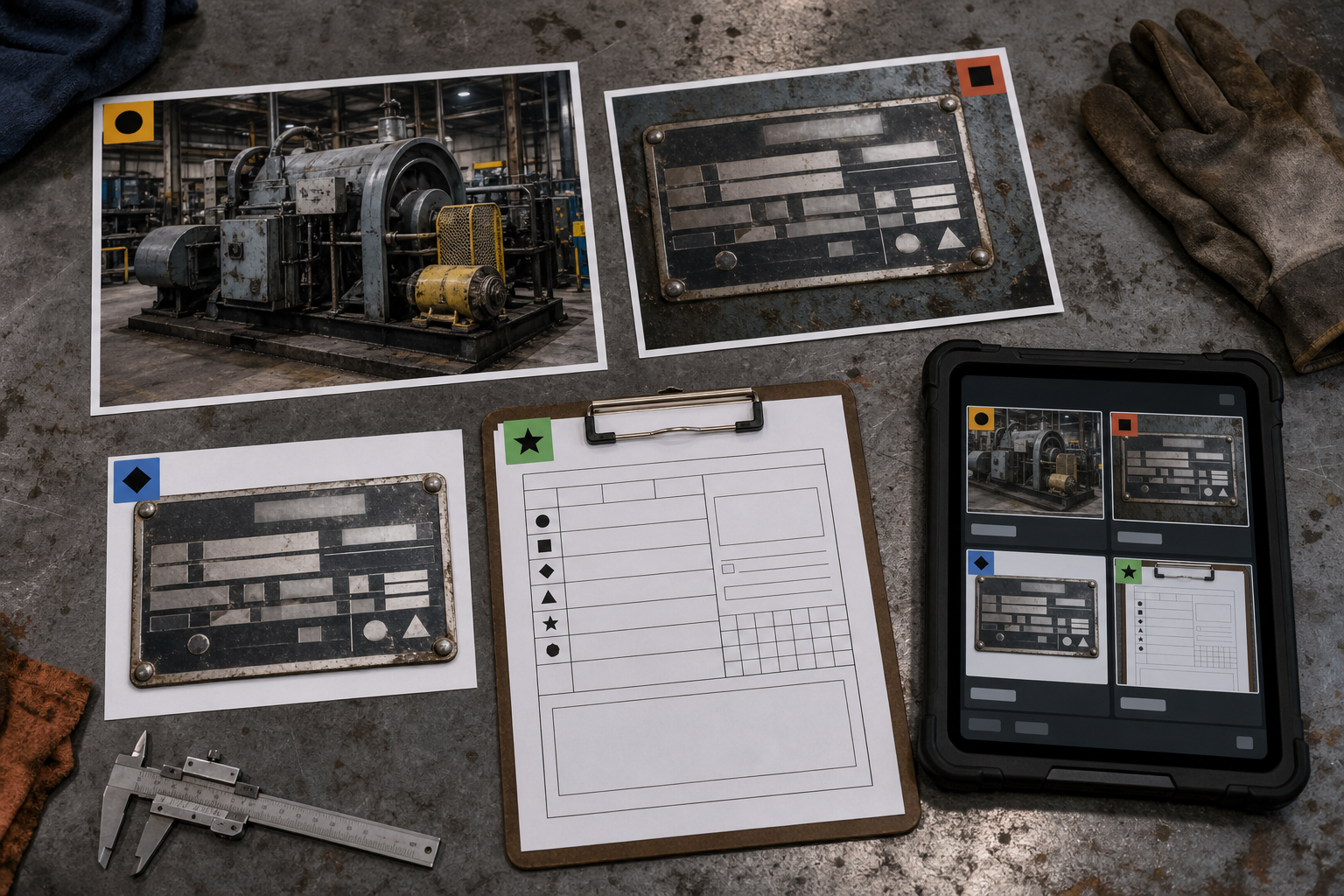 Organized equipment documentation set with an overview photo, close nameplate image, corrected crop, and inspection record