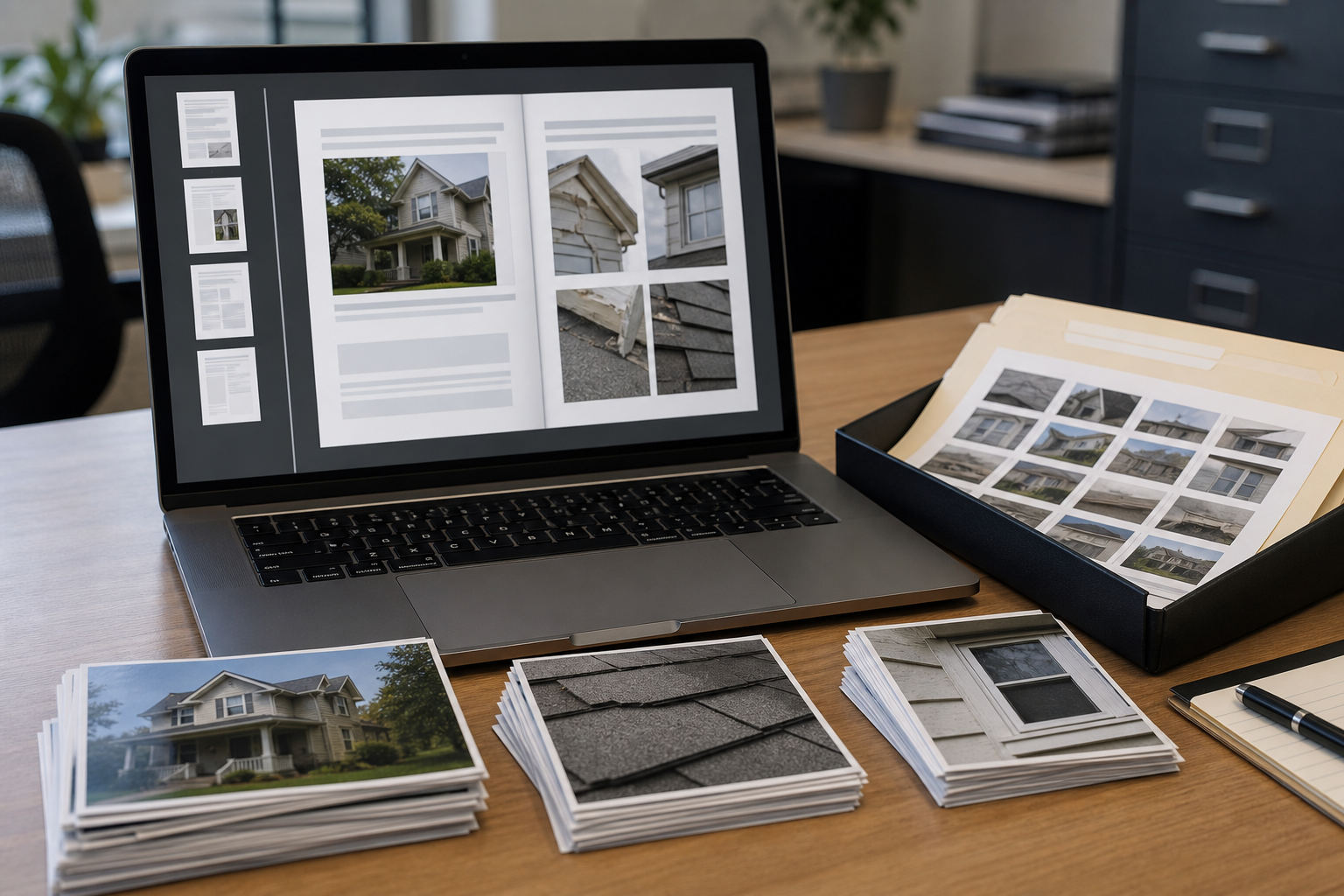 Laptop screen showing a clean PDF evidence packet layout beside compressed image files ready for upload