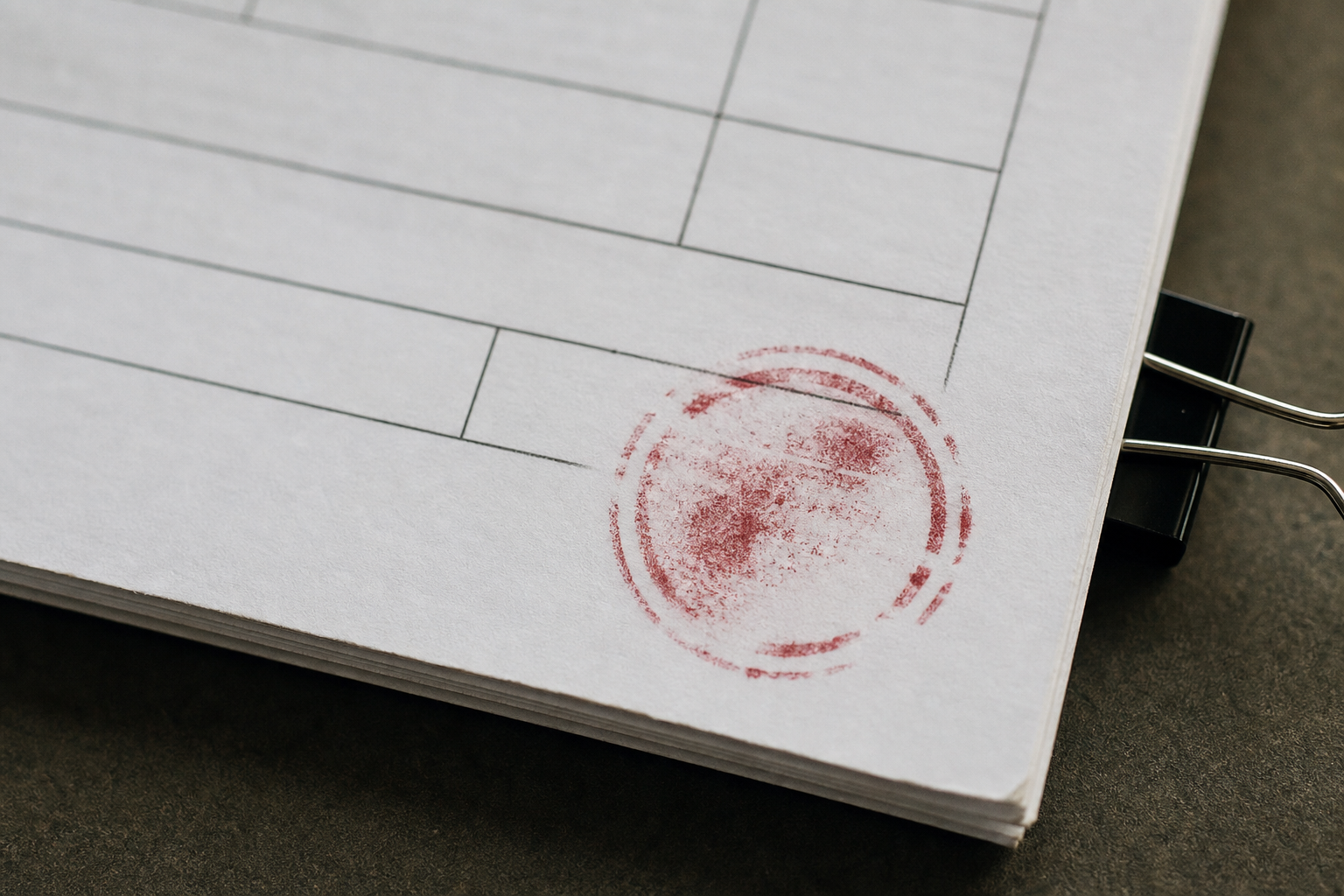Close-up of a photographed invoice corner with an approval stamp, shadow, and skewed paper edge