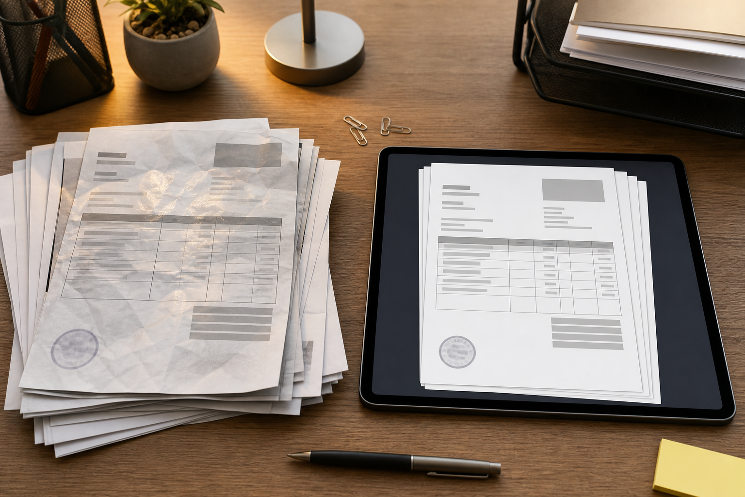 Side-by-side document cleanup scene with raw invoice photos and cleaner flattened document images