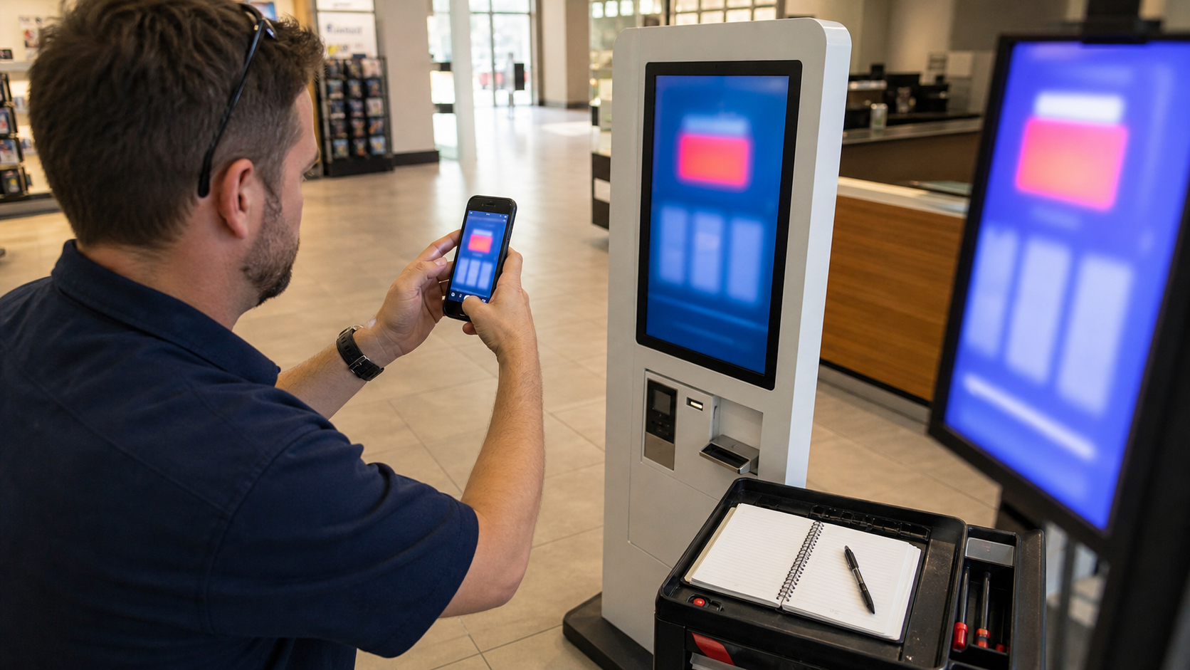 Field technician taking angled and straight-on photos of a kiosk screen before restarting it
