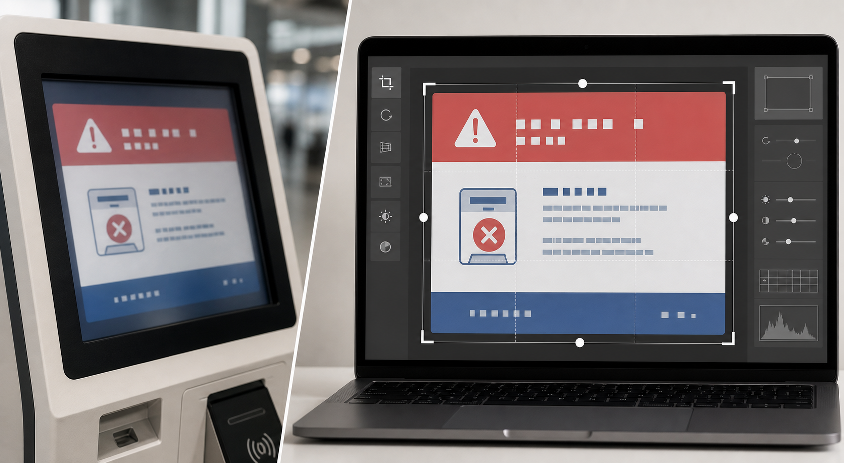 Before and after visual concept of a kiosk screen photo being cropped, straightened, and prepared for OCR