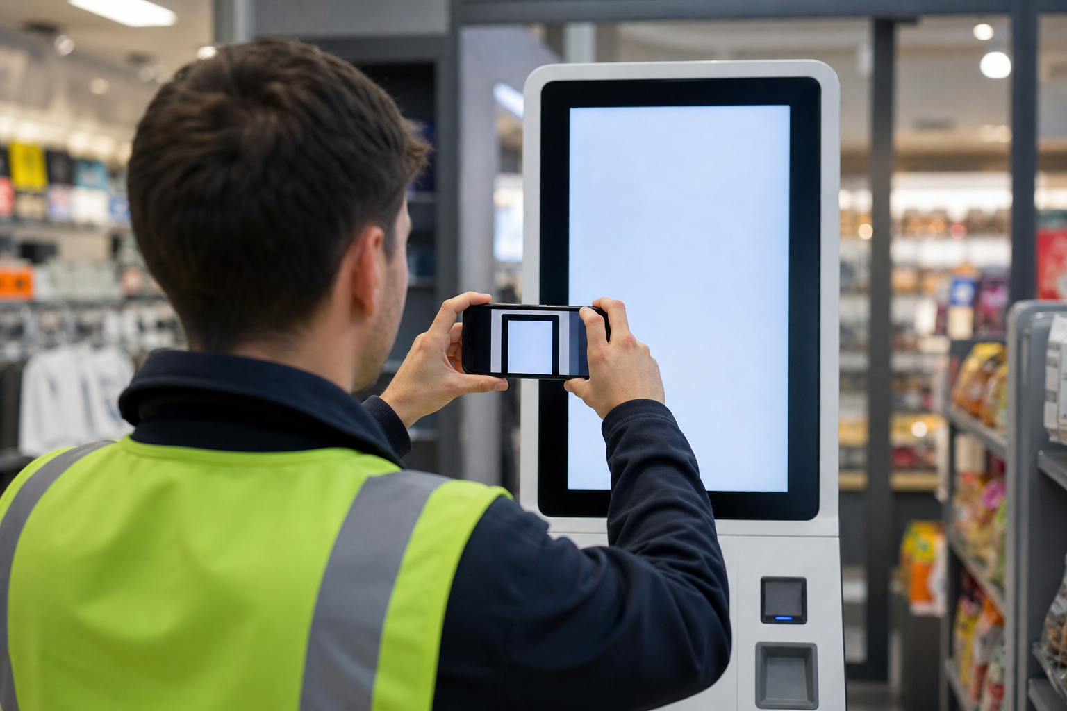 Technician photographing a kiosk screen from a straight-on angle with controlled reflections