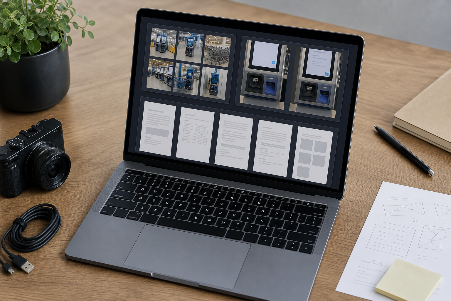 Organized evidence packet with kiosk photos, cropped screen images, and PDF pages on a laptop