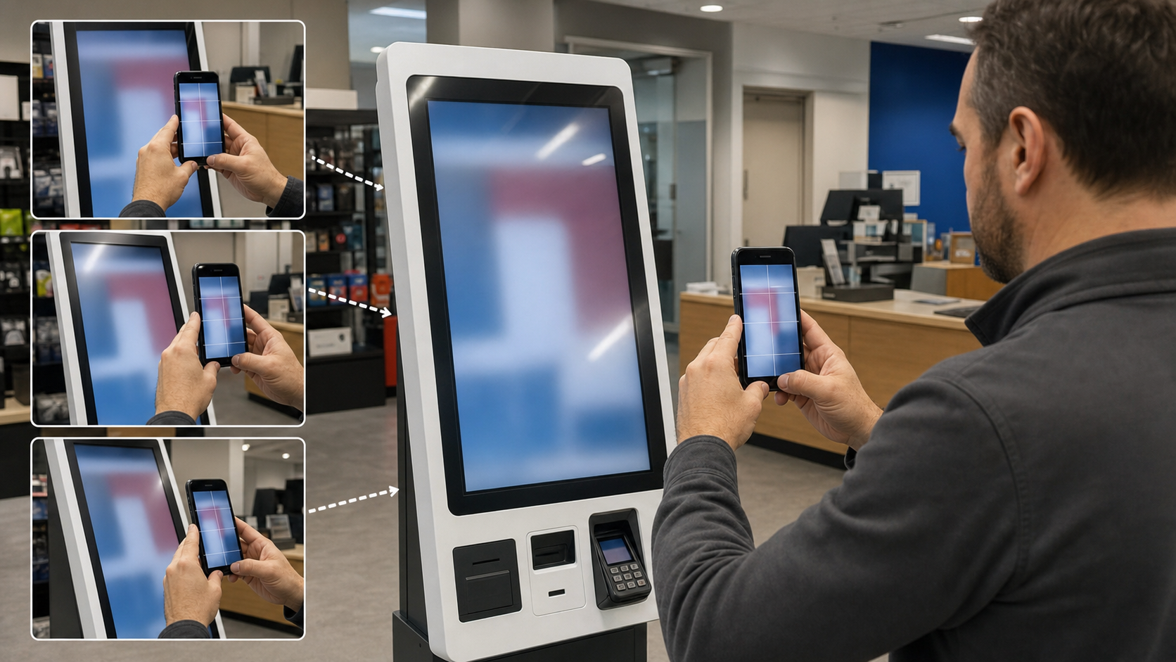 Technician taking multiple angled photos of a kiosk display to reduce glare for OCR cleanup