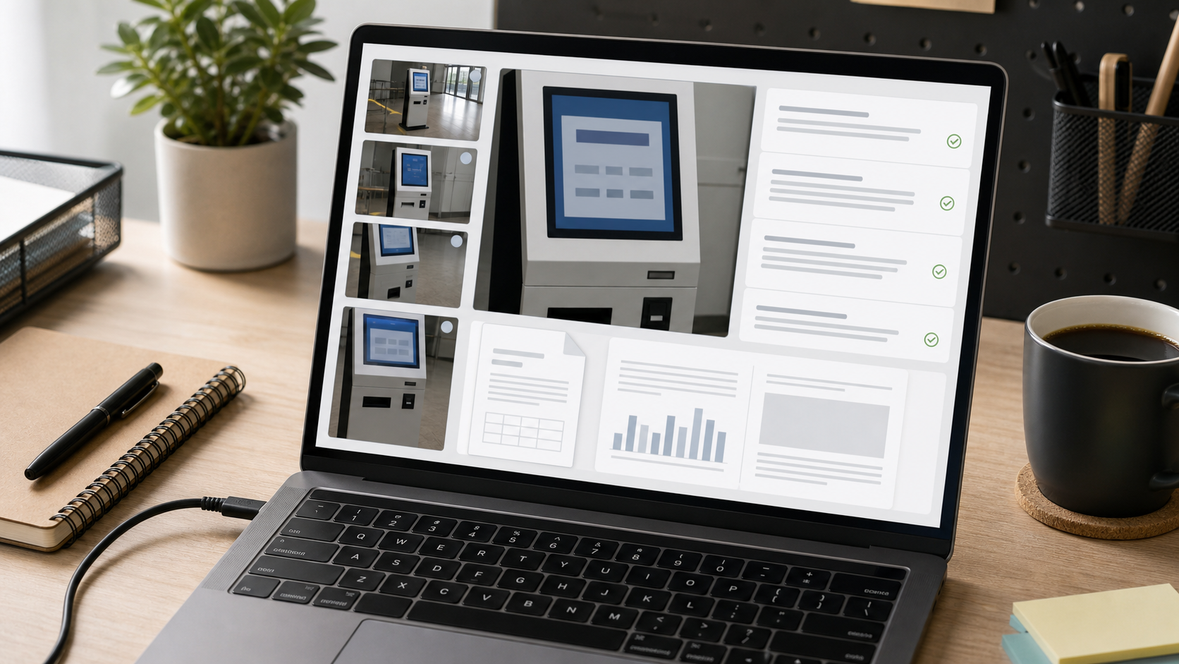 Organized support ticket packet with kiosk photos, cropped screen detail, OCR notes, and a PDF export