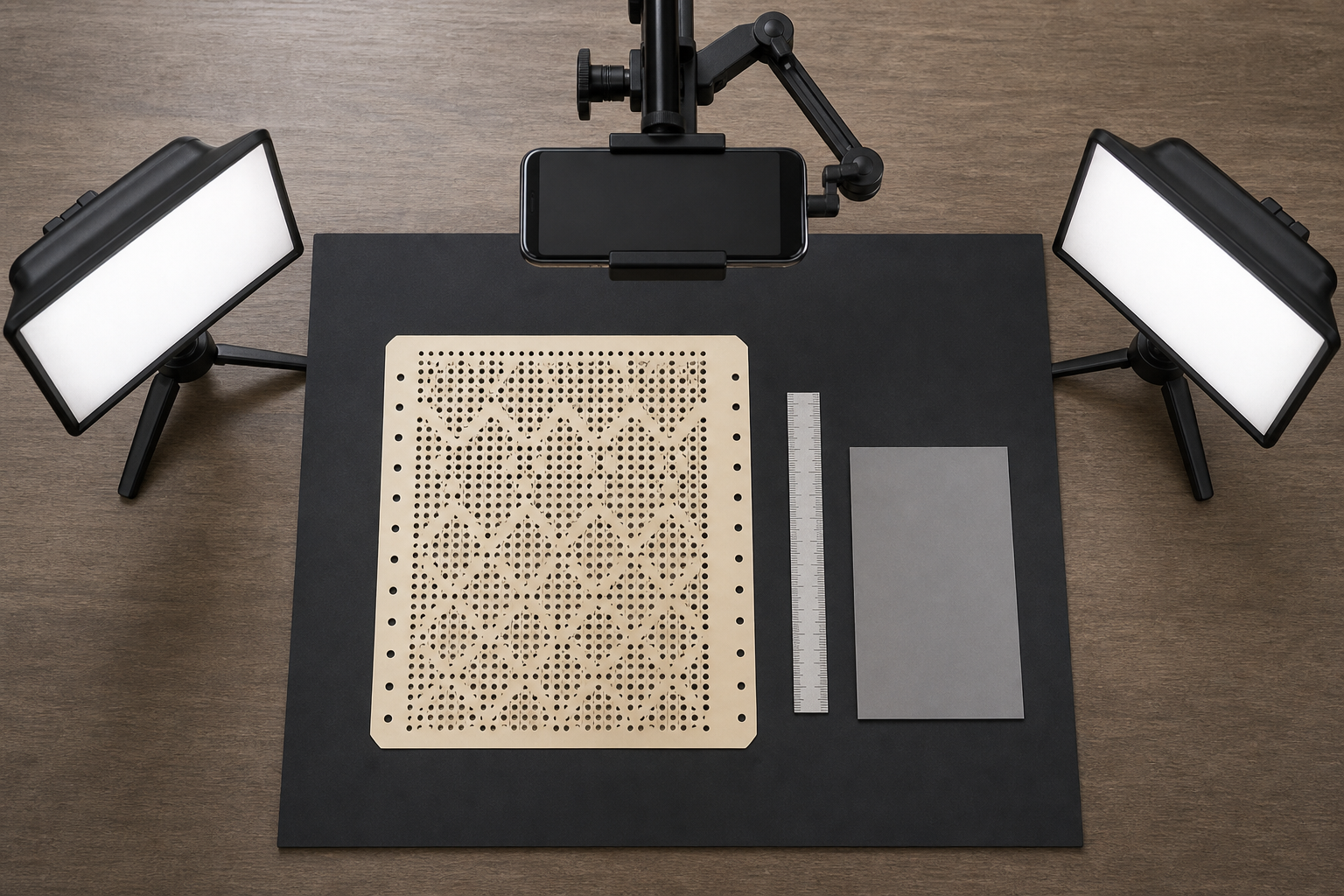 Overhead capture station with a knitting machine punch card aligned beneath a camera