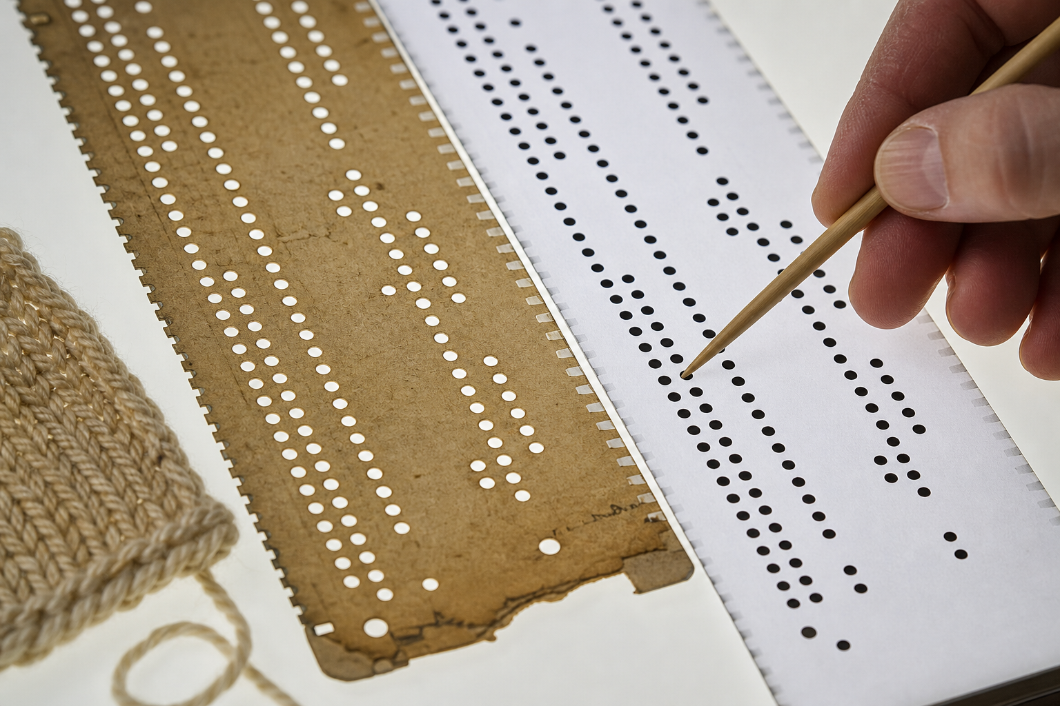 Knitting punch card scan being checked against the original card on a light surface