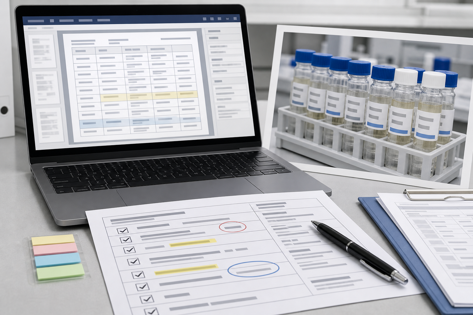 Side by side review scene comparing a vial rack photo, OCR text, and a marked intake sheet