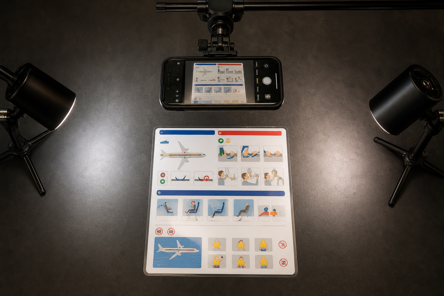 Phone positioned above a glossy laminated safety card with side lighting to avoid glare
