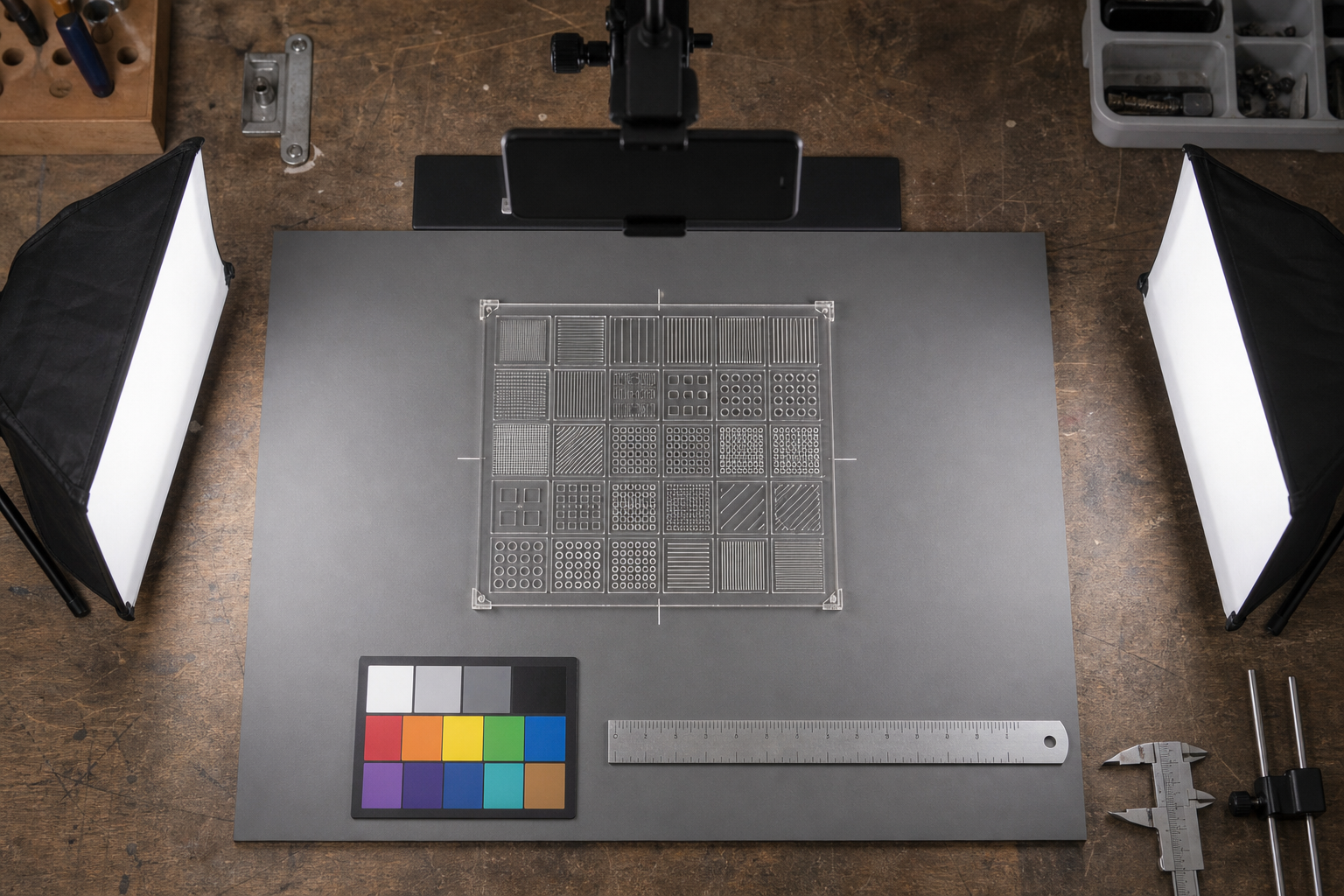 Overhead photography station for recording laser-cut material test grids
