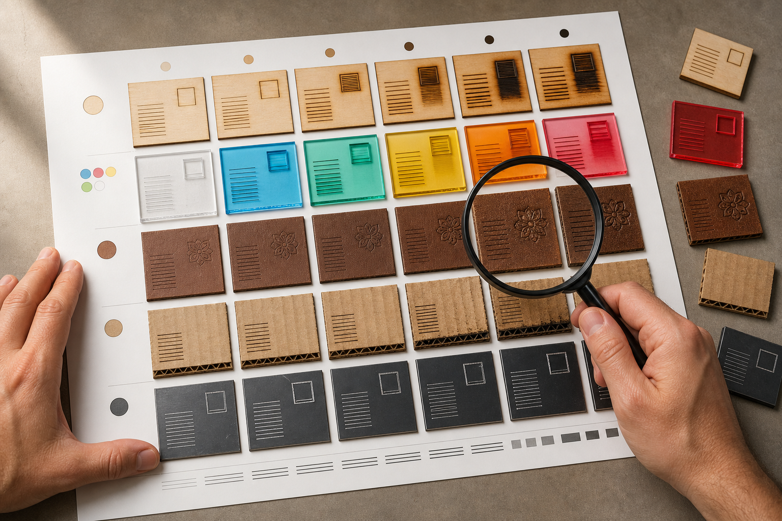Contact sheet comparing laser-cut test samples across several materials
