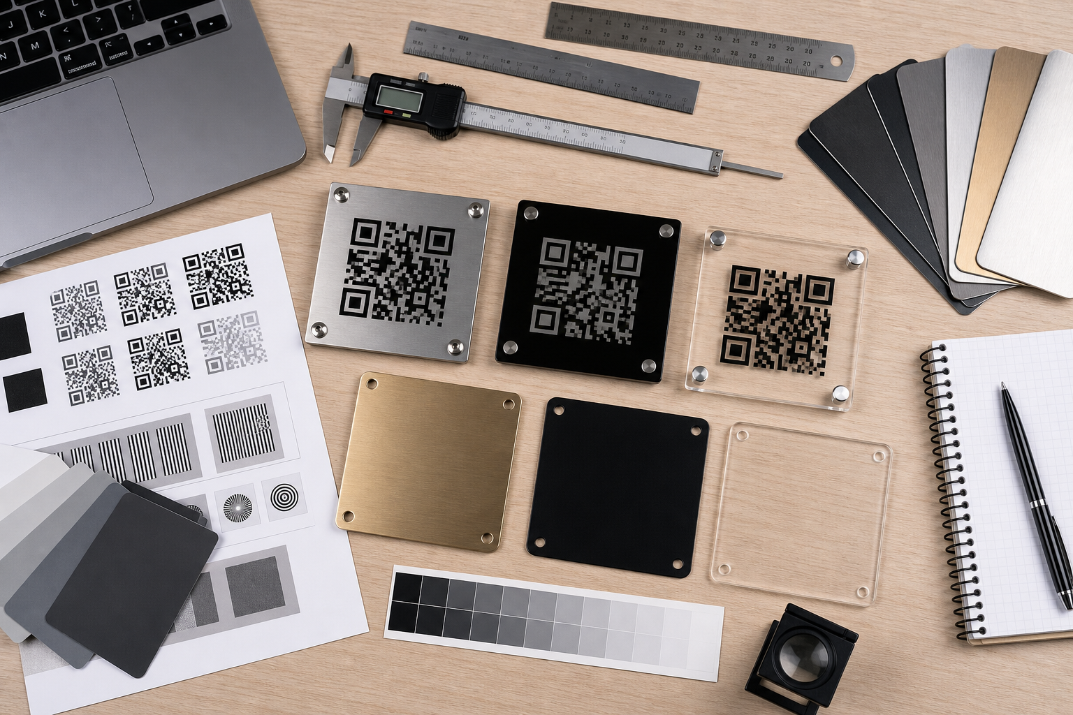 Overhead view of QR plaque samples, calipers, printed proofs, and material swatches arranged for inspection