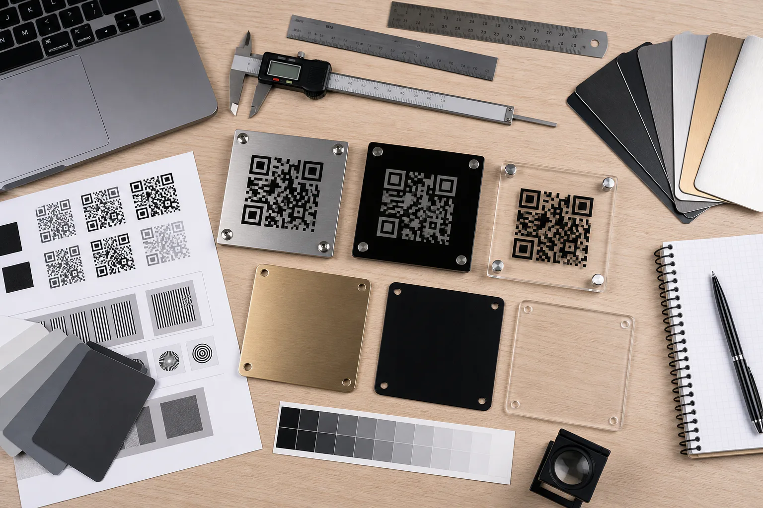 Overhead view of QR plaque samples, calipers, printed proofs, and material swatches arranged for inspection