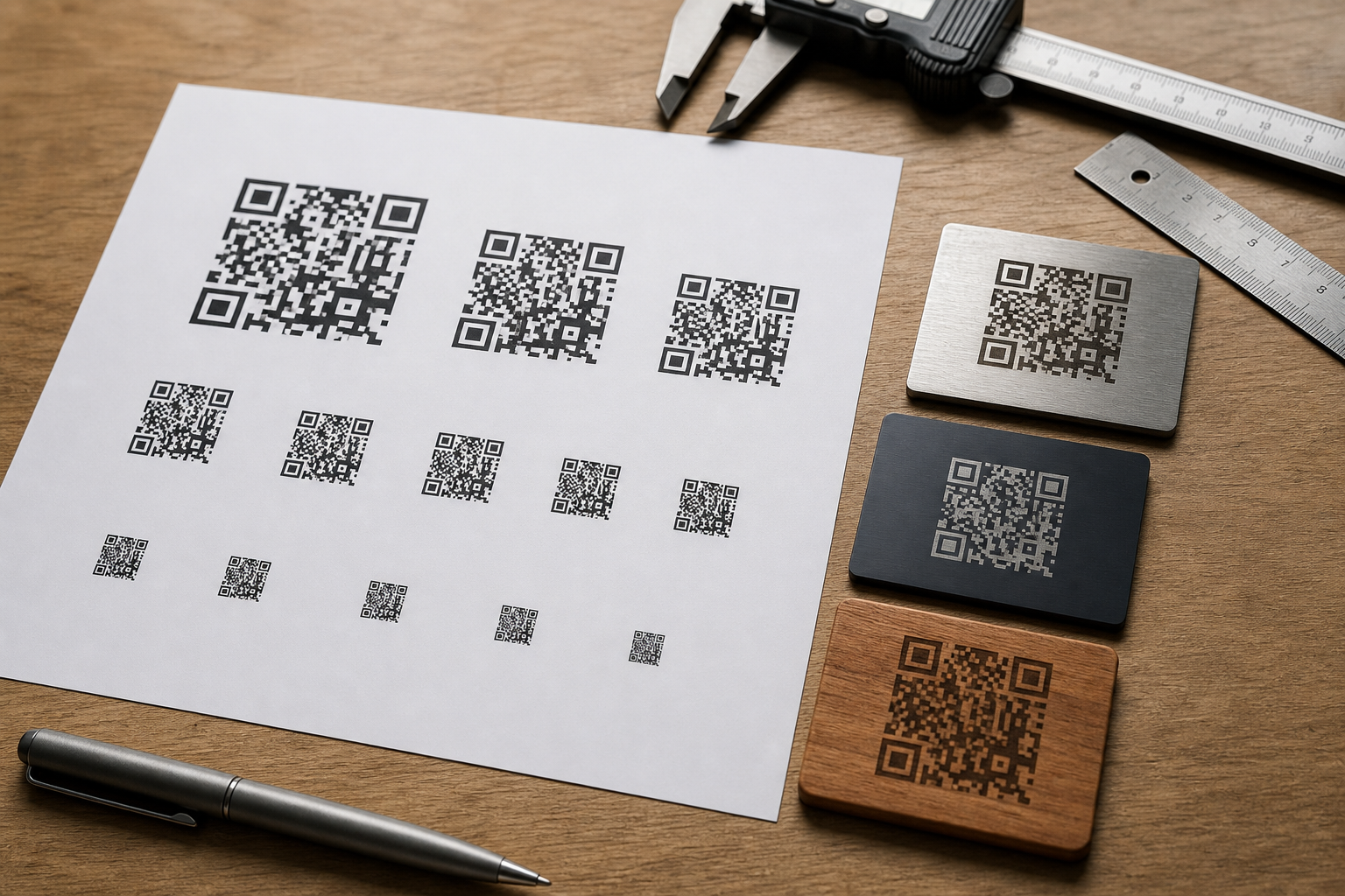 Laser engraving proof sheet with multiple QR plaque sizes and material samples on a desk