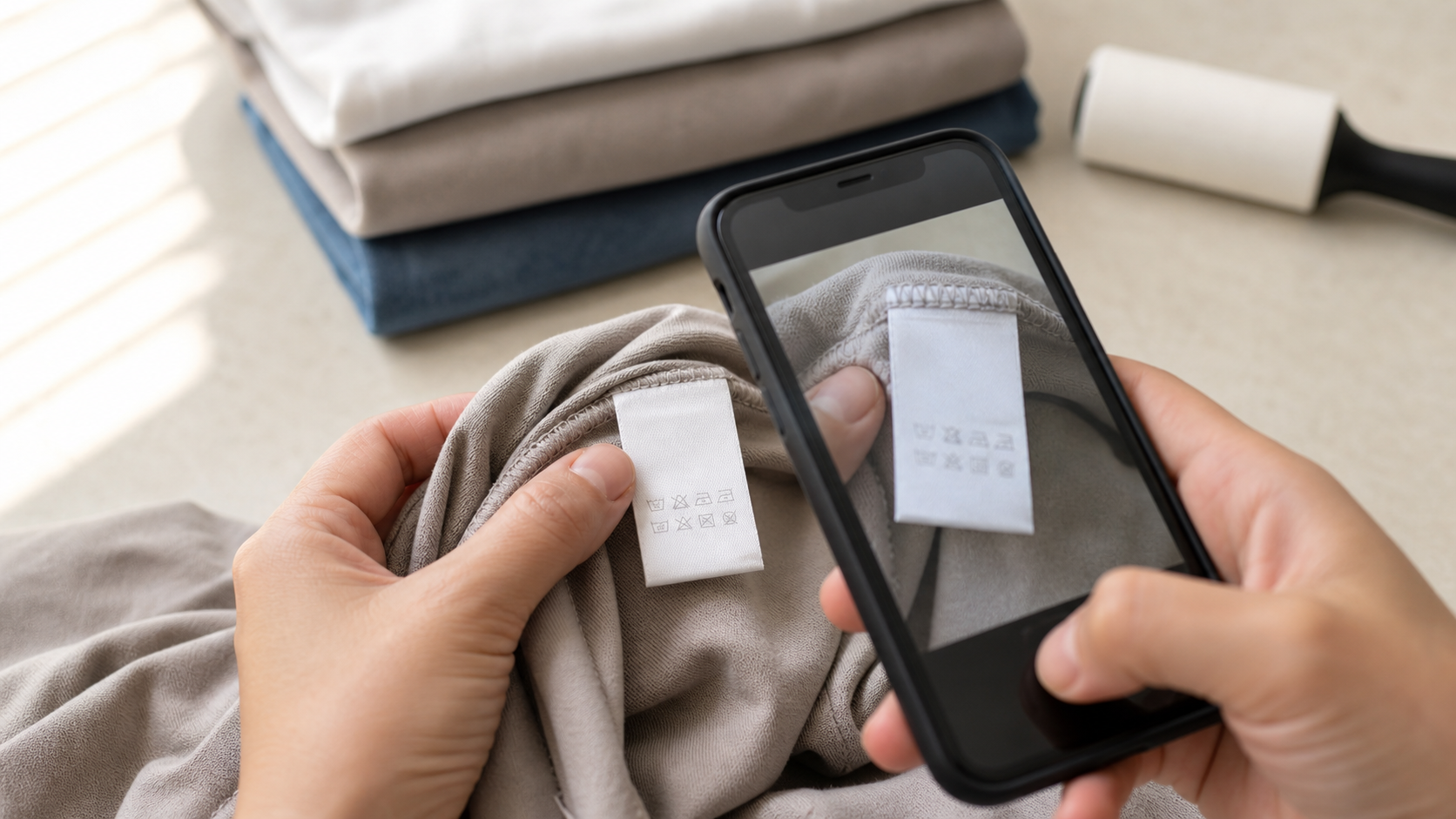 A resale team member photographing a white laundry care label inside a garment with soft side lighting