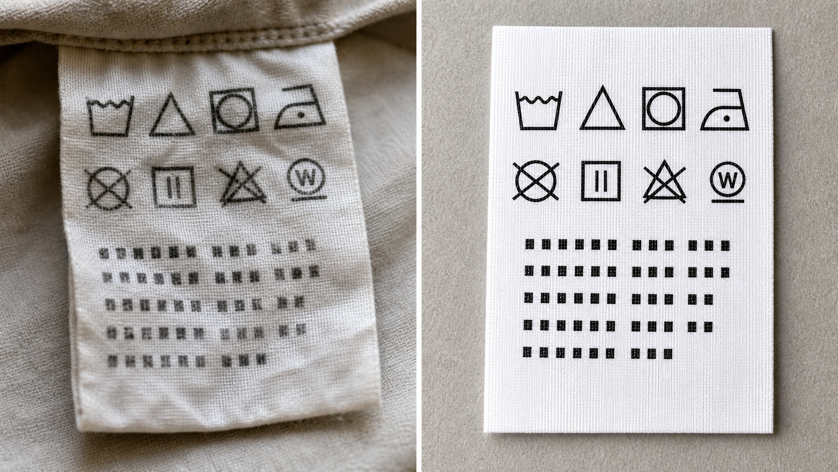 Before and after style view of a cleaned laundry label photo prepared for OCR, without readable text