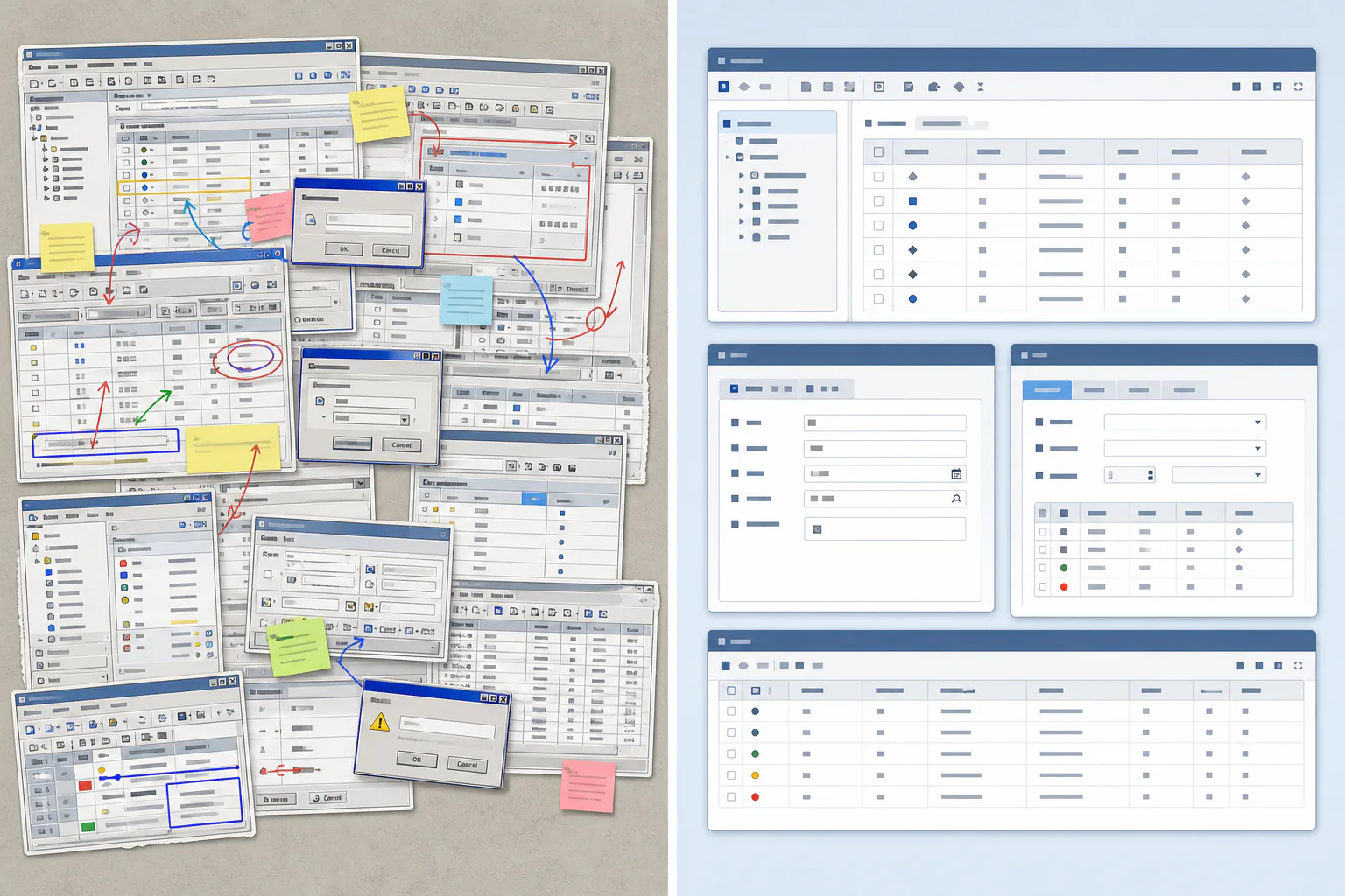 Comparison of messy admin screenshots with overlapping annotations and cleaned cropped interface captures