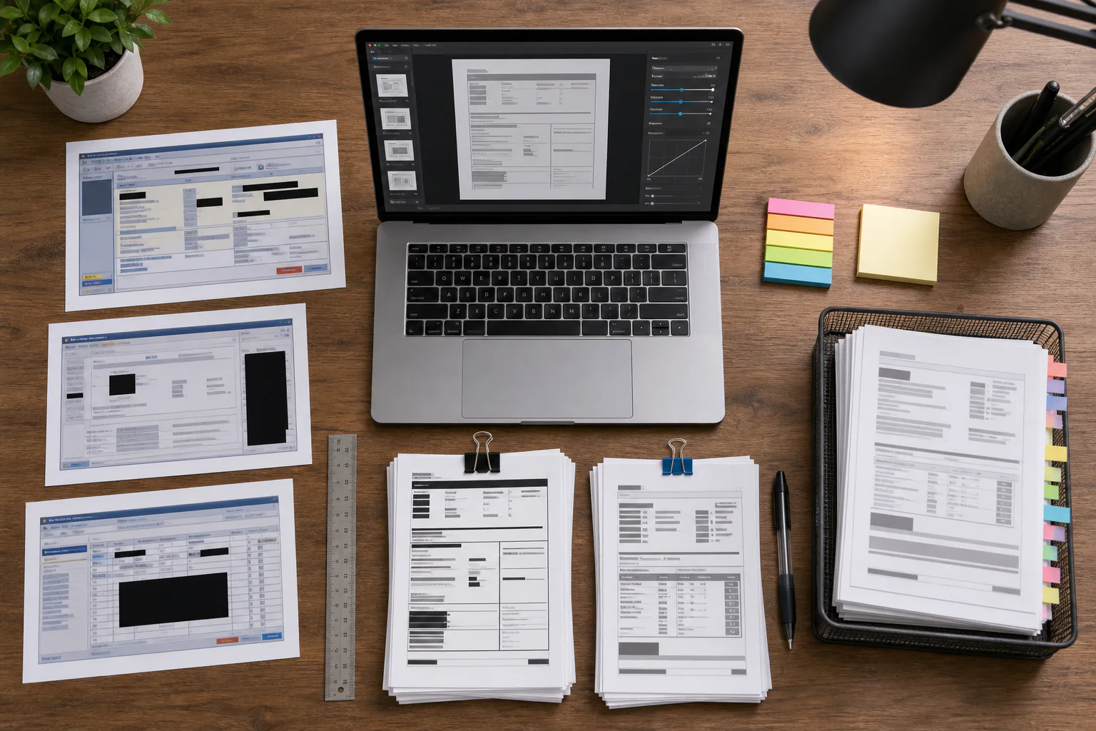 Desk scene with cropped screenshots, redaction marks, contrast adjustments, and OCR output organized for review