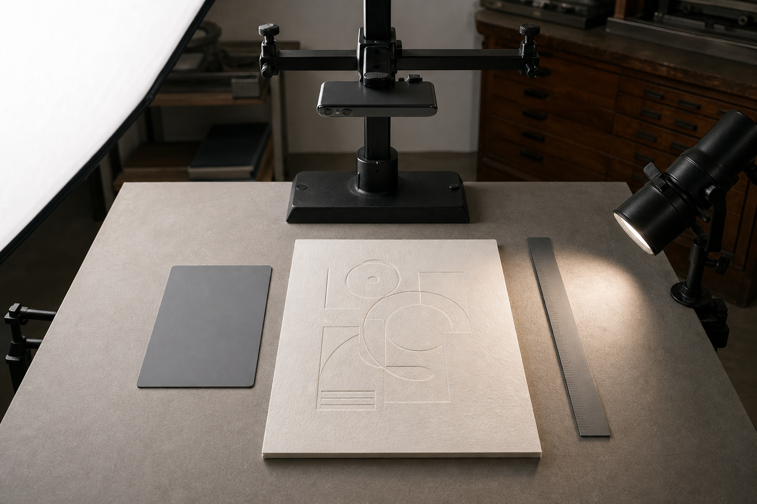 Letterpress proof photographed beside a gray card and ruler under angled studio lighting