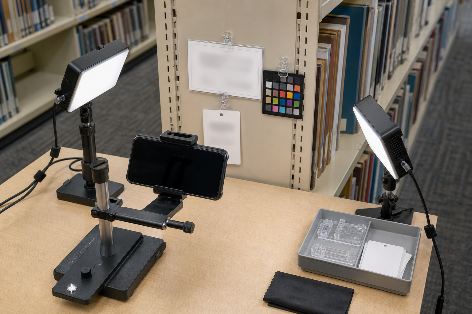Diagram-like overhead view of a phone positioned squarely in front of a library shelf label with controlled lighting
