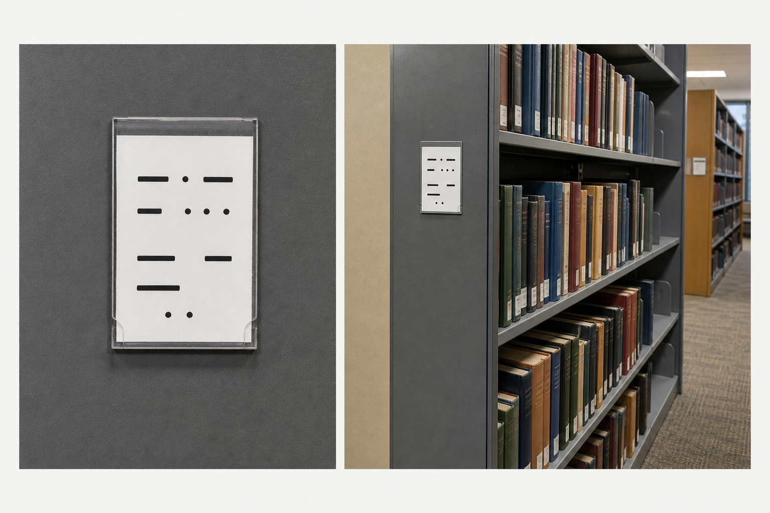 Side-by-side comparison of a tightly cropped shelf label image and a wider contextual library shelf photograph