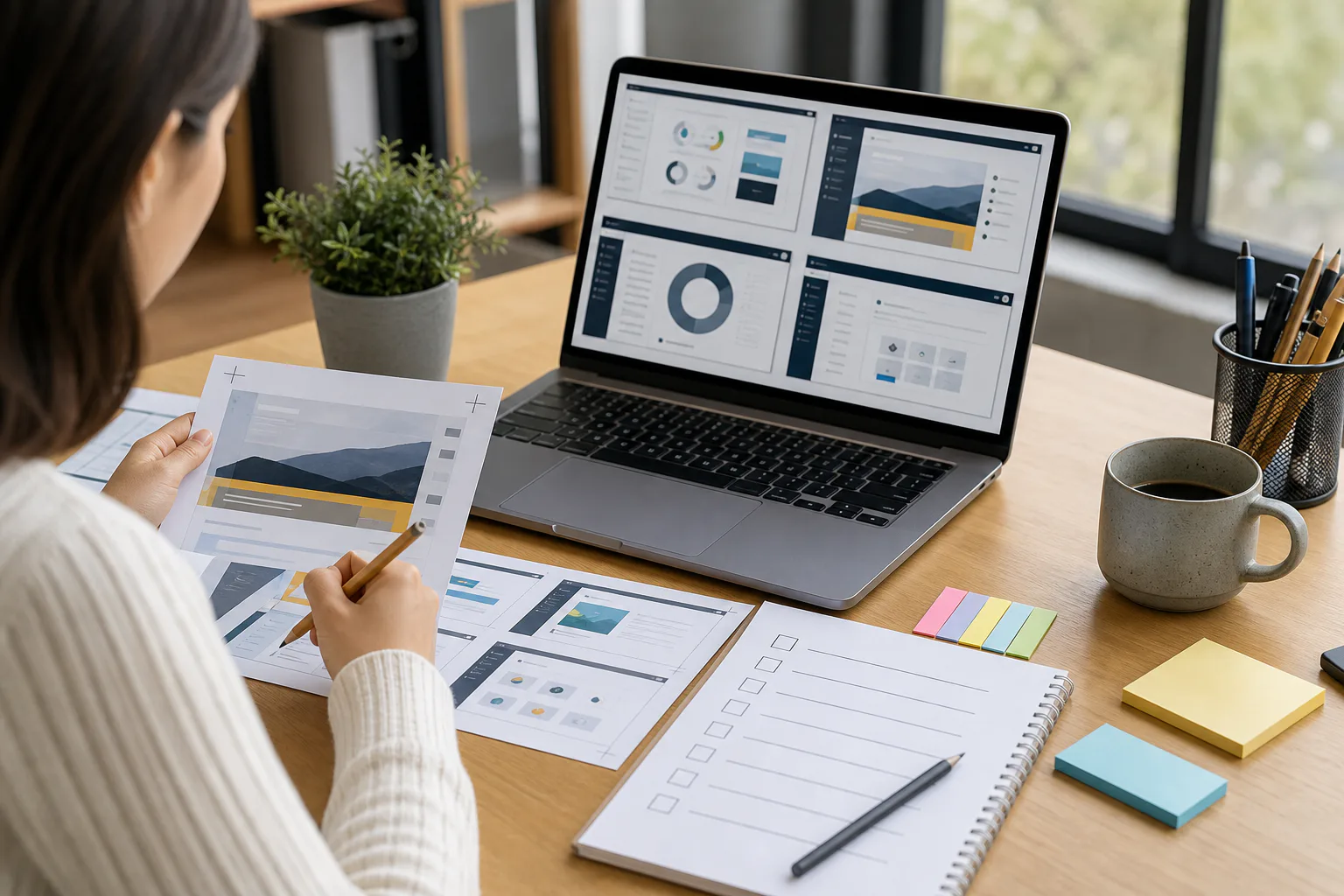 A training content reviewer comparing LMS screenshots on a laptop with organized review notes