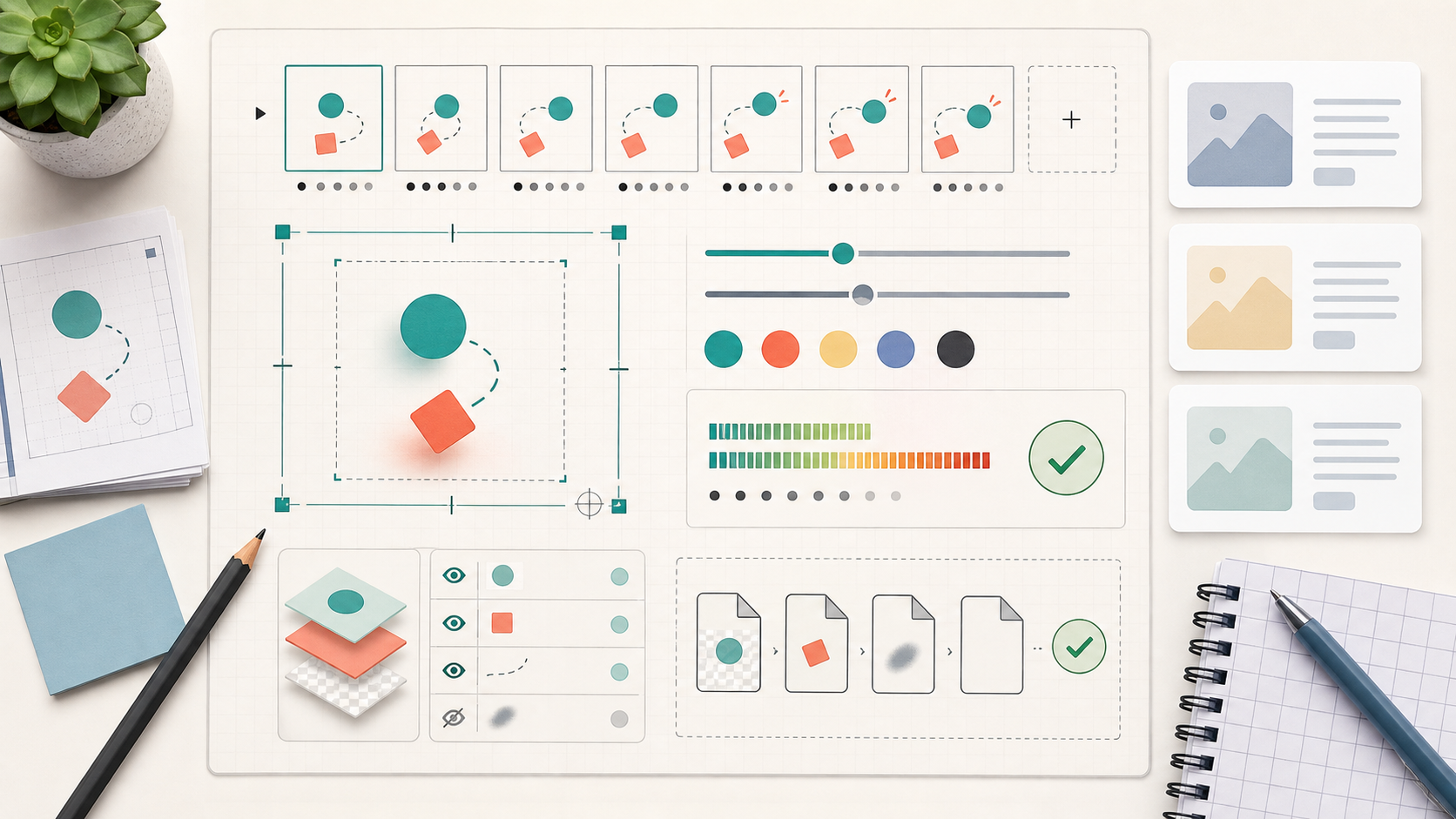 Export preparation board with frames, crop guides, palette samples, and file size meters for a compact GIF