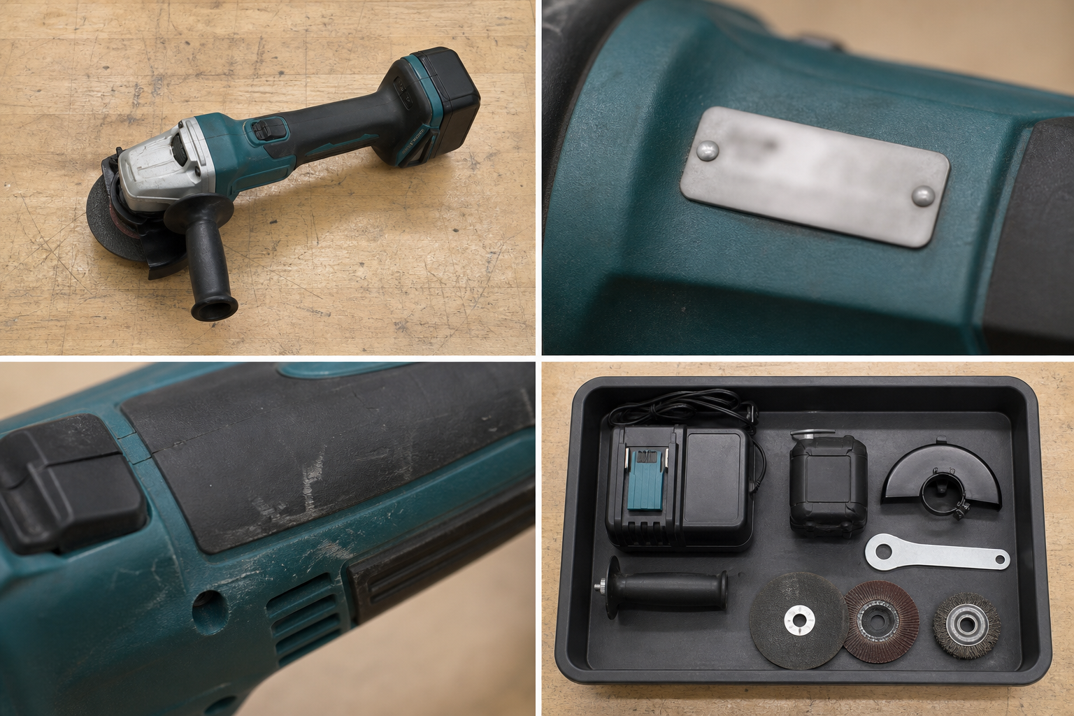 Four-photo makerspace tool checkout packet showing overview, serial label, wear detail, and accessory layout