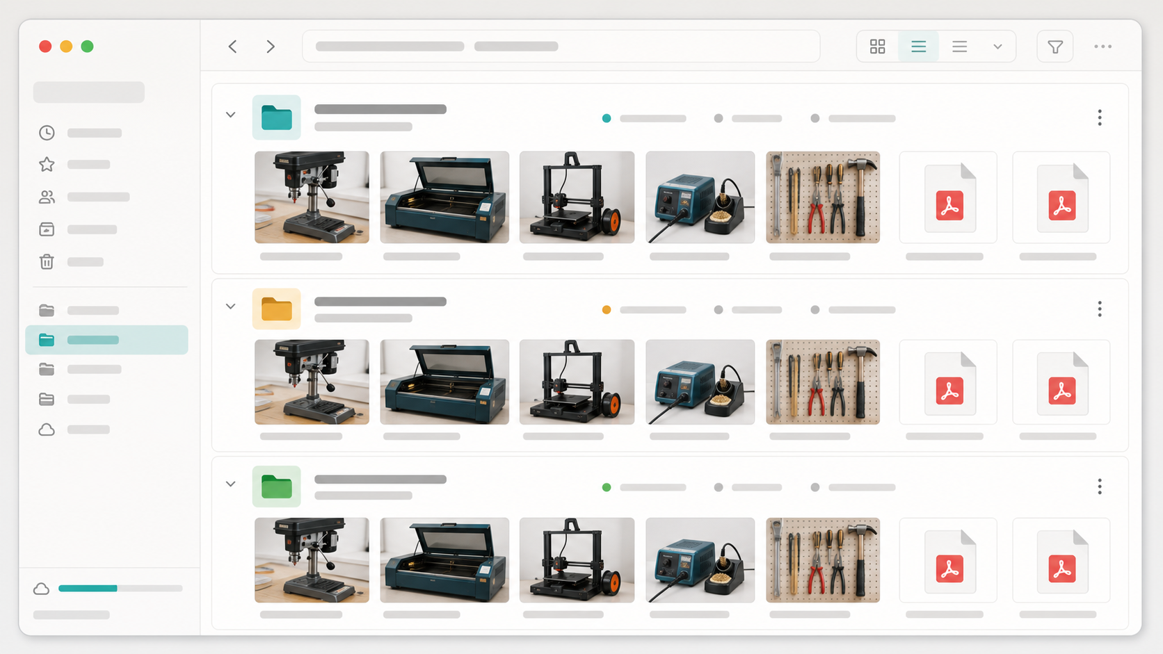Organized makerspace file manager with image and PDF assets grouped by tool checkout