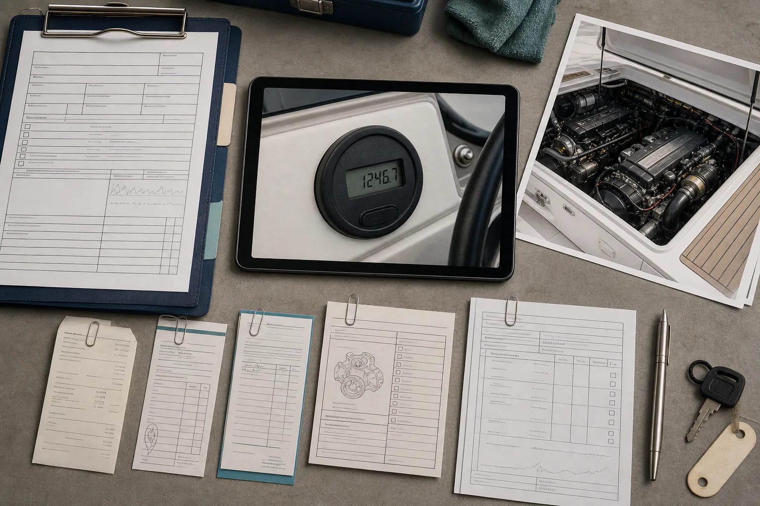 Organized marine maintenance record with hour-meter photo, engine overview, and service documents