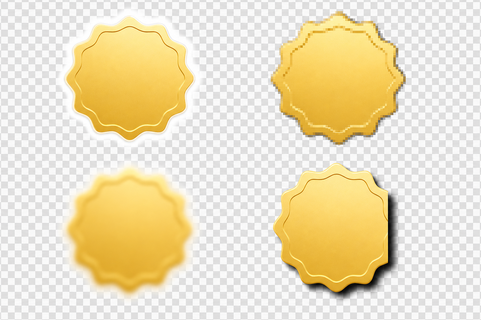 Close-up comparison of transparent PNG badge edge defects including halo, jagged pixels, blur, and shadow clipping