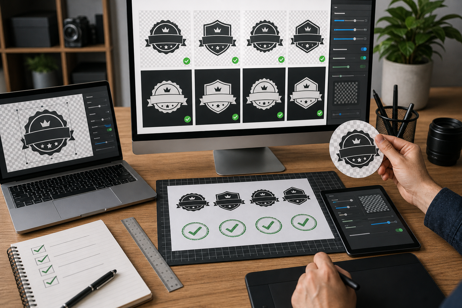 Organized preflight desk with transparent badge exports, size checks, compression settings, and approval marks