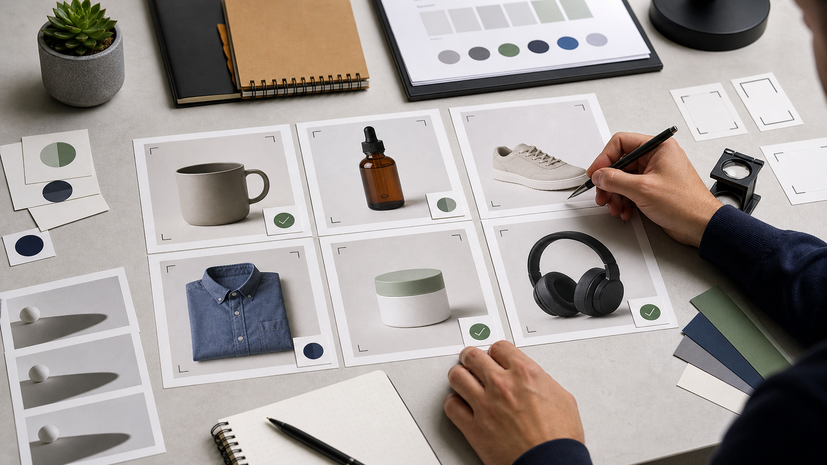 A product photo review board showing consistent background, crop, shadow, and edge checks