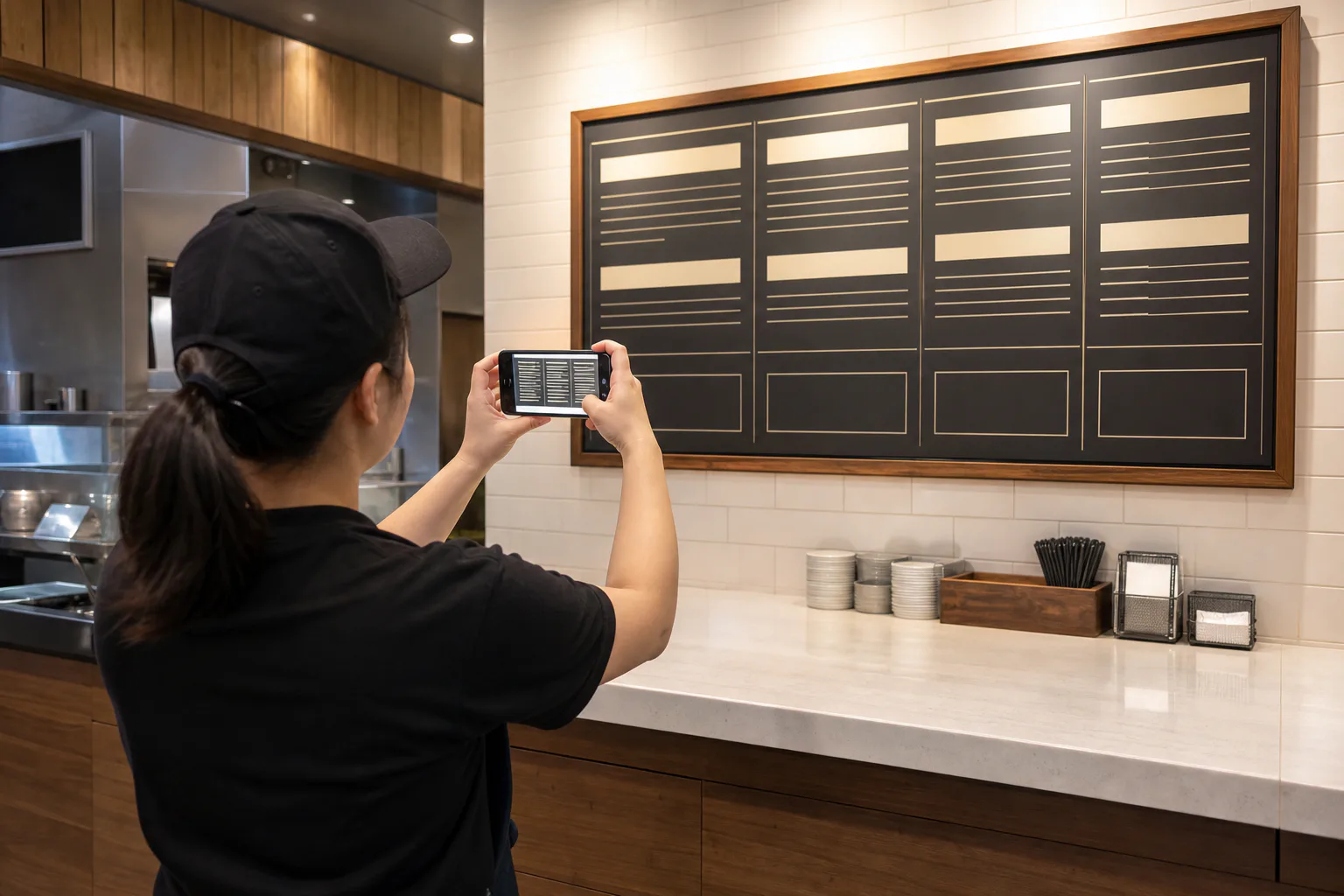 Restaurant employee photographing a wall menu board from a straight angle with even lighting