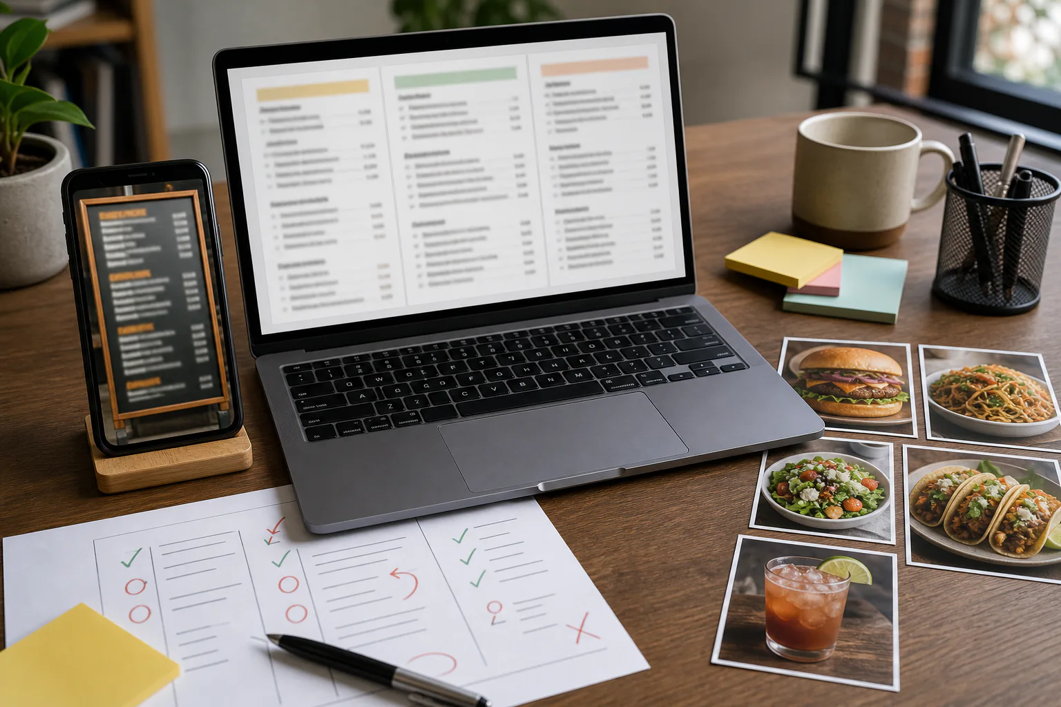 Side-by-side workspace showing a menu board photo, extracted text notes, and cleaned food item images