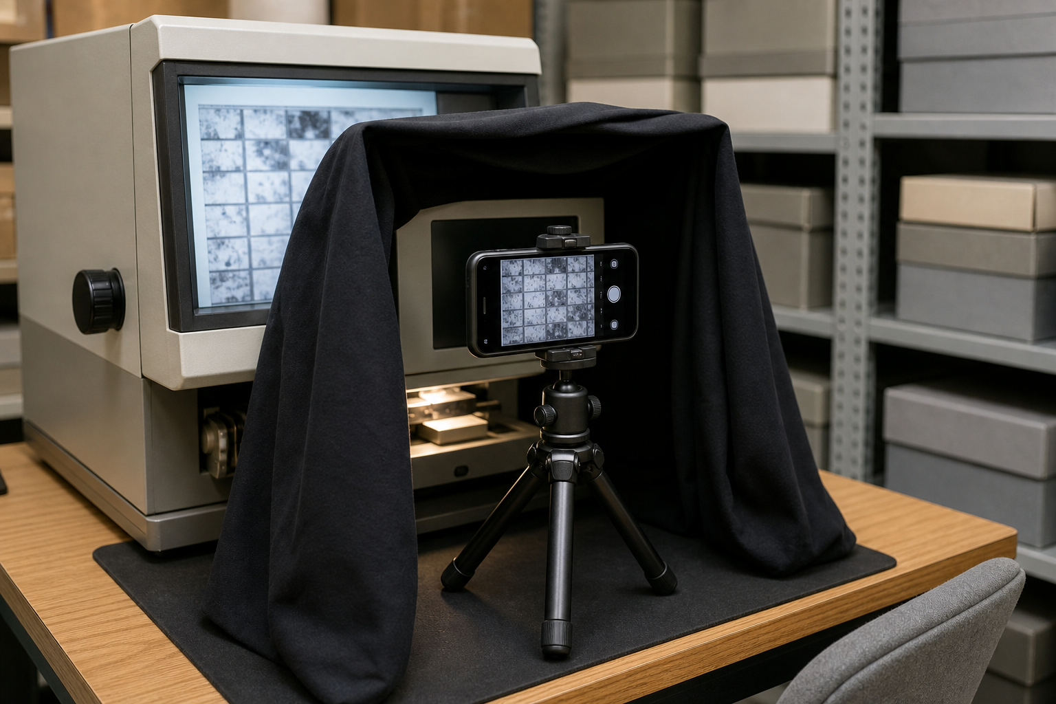 Camera positioned squarely in front of a microfiche reader screen with room reflections minimized