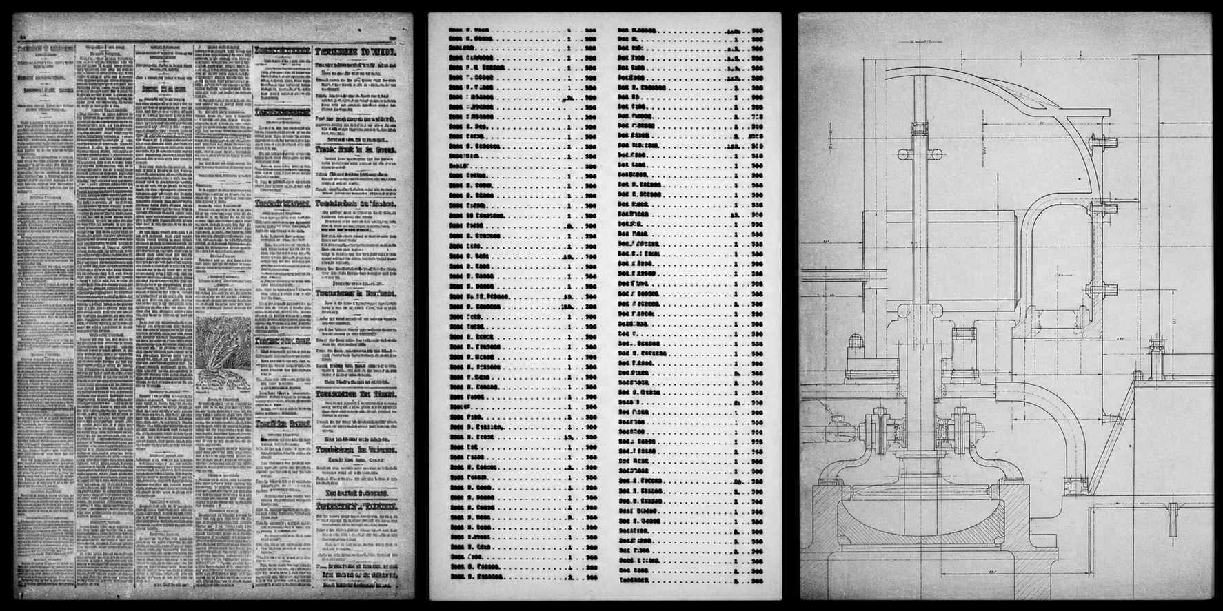 Comparison of cleaned microfiche captures representing newspaper columns, directory entries, and line drawings