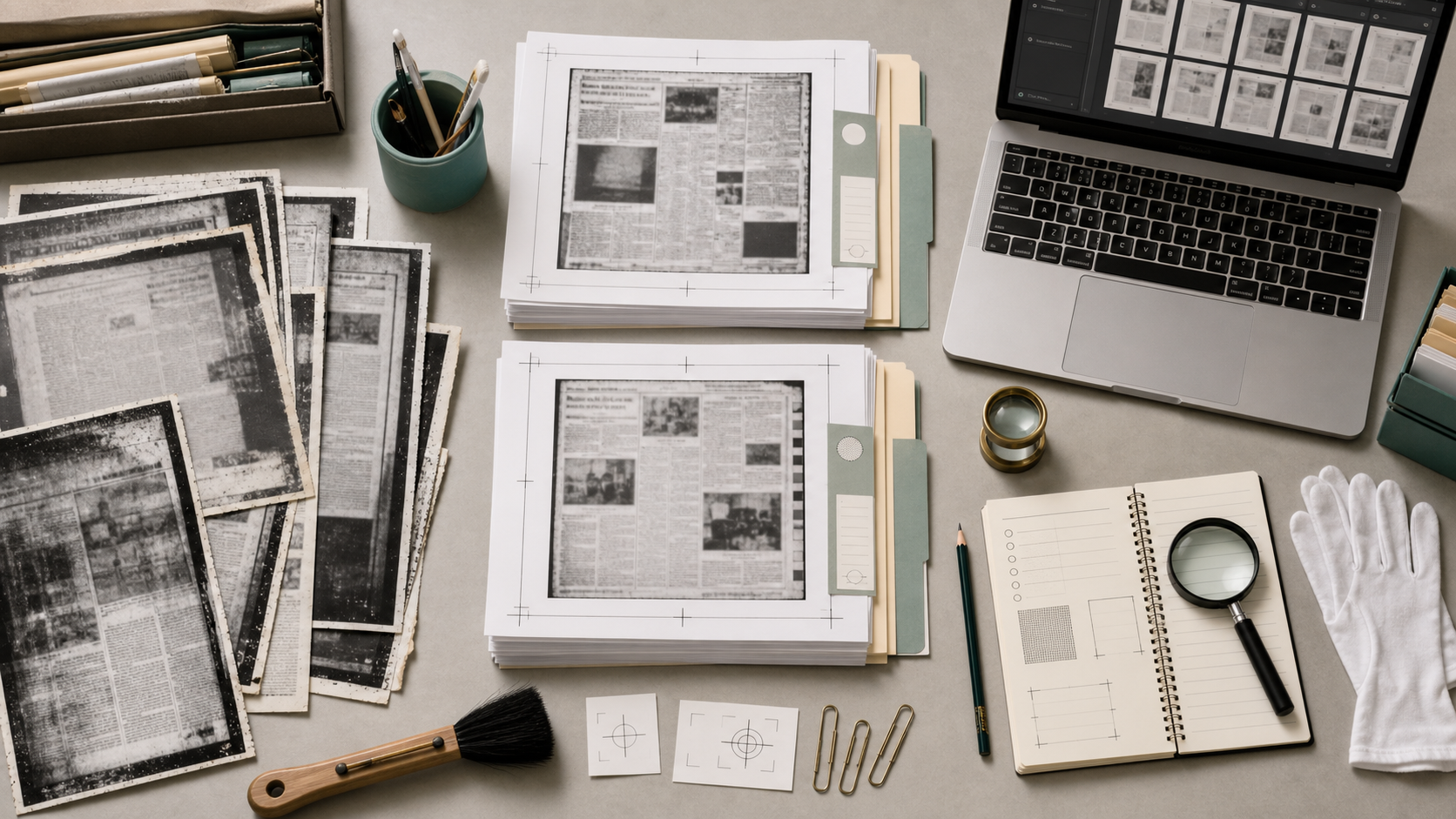 Desk layout showing messy microfilm captures being organized into clean research PDF packets