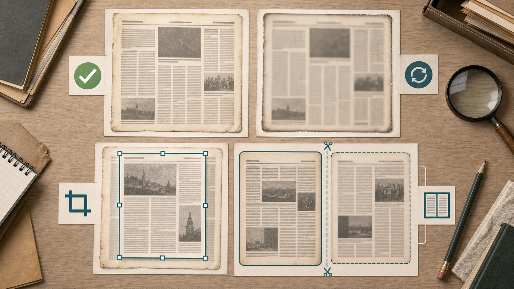 Visual comparison of archival newspaper capture decisions using crop frames and page groupings
