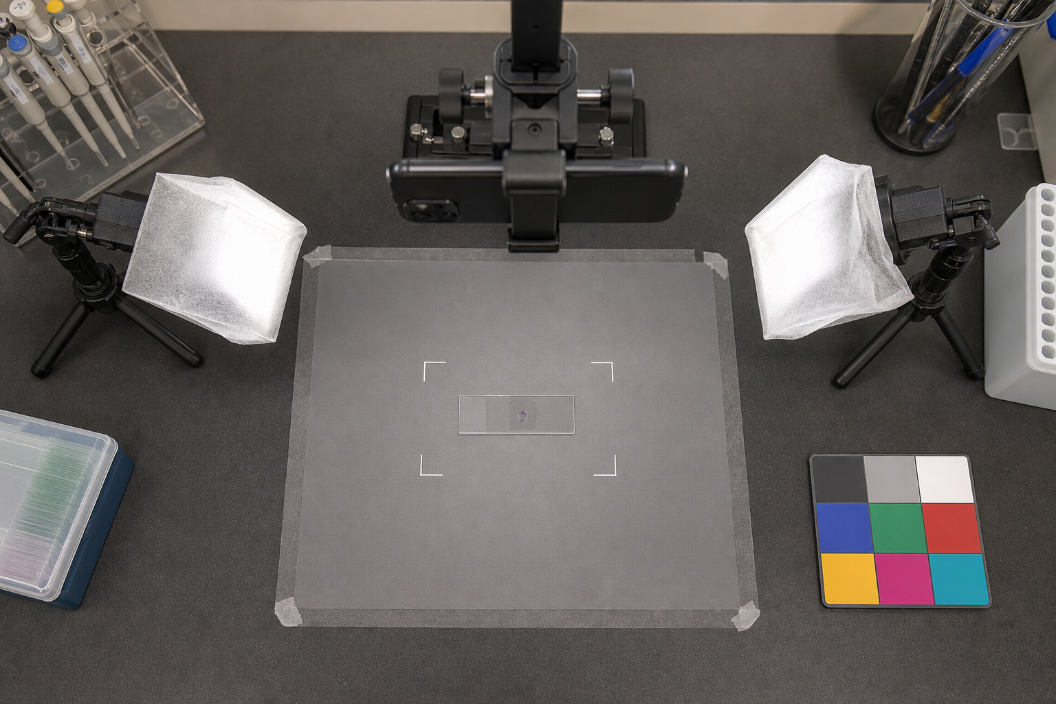 Overhead view of a microscope slide photography station with alignment guides, diffuse lights, and a neutral background