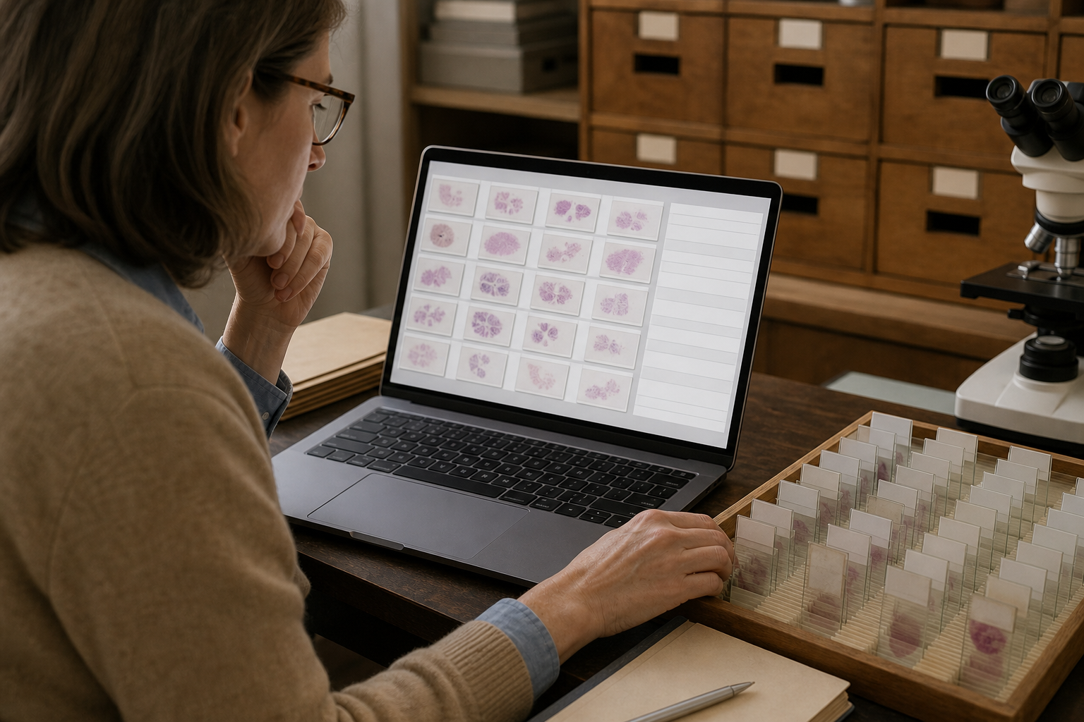 Reviewer comparing organized microscope slide thumbnails with corresponding catalog fields on a laptop