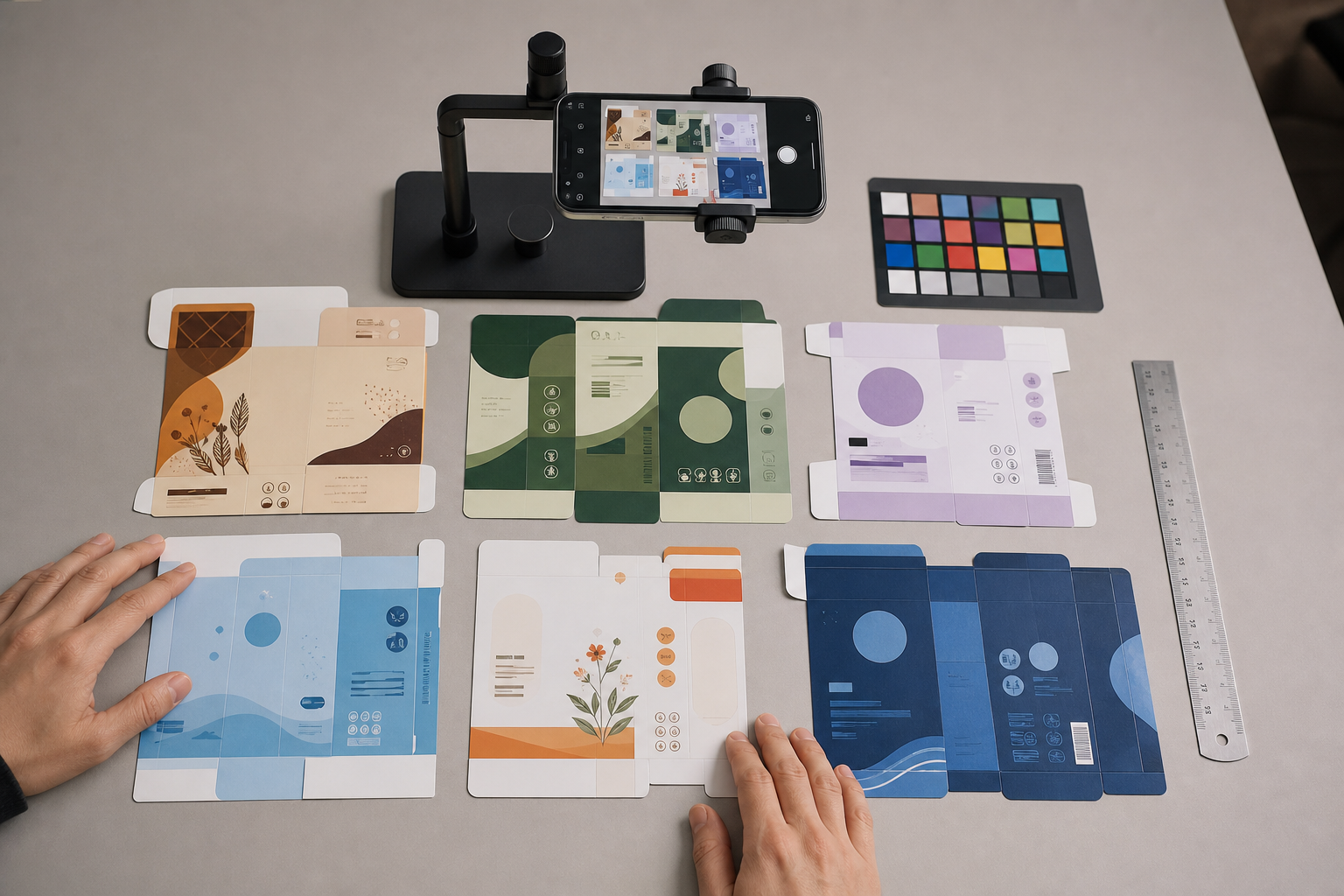 Overhead view of packaging labels photographed flat with consistent light and a ruler nearby