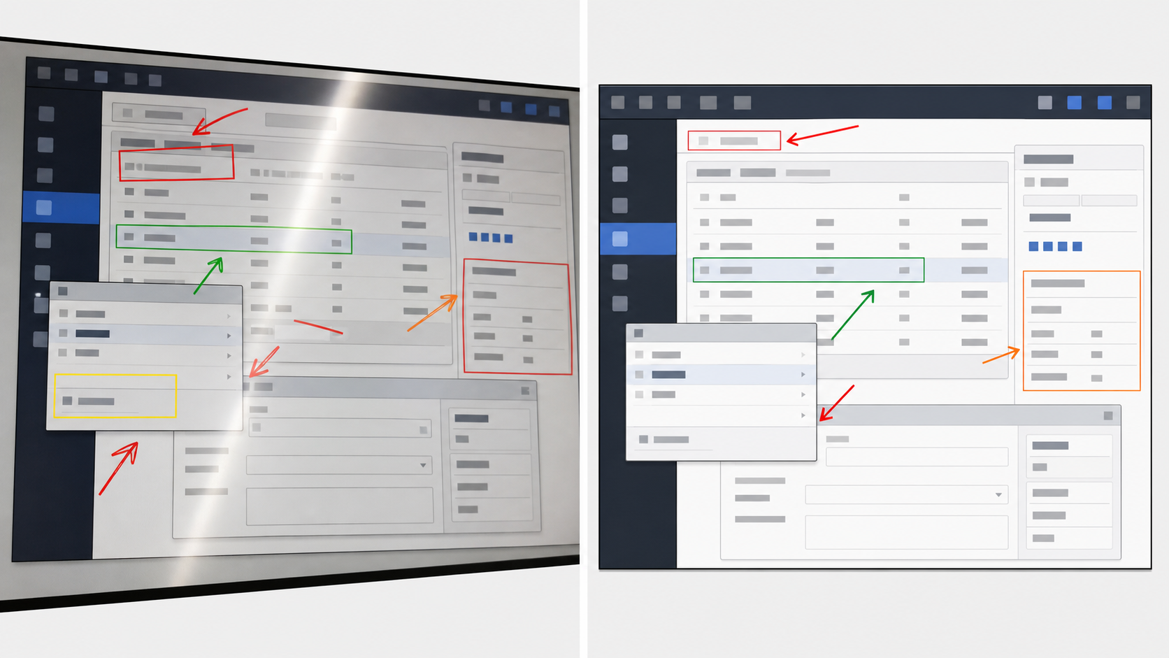 Before and after comparison of a cluttered bug report screenshot prepared for OCR