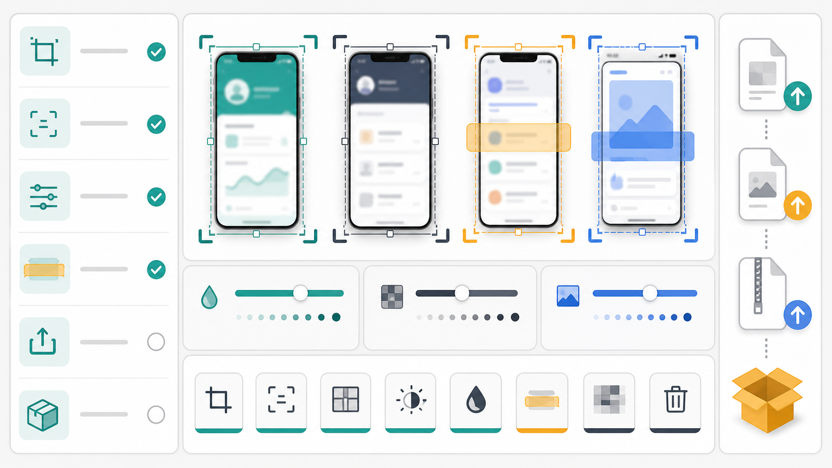 QA screenshot preparation checklist represented as cropped mobile screens, compression controls, OCR scan markers, and export icons
